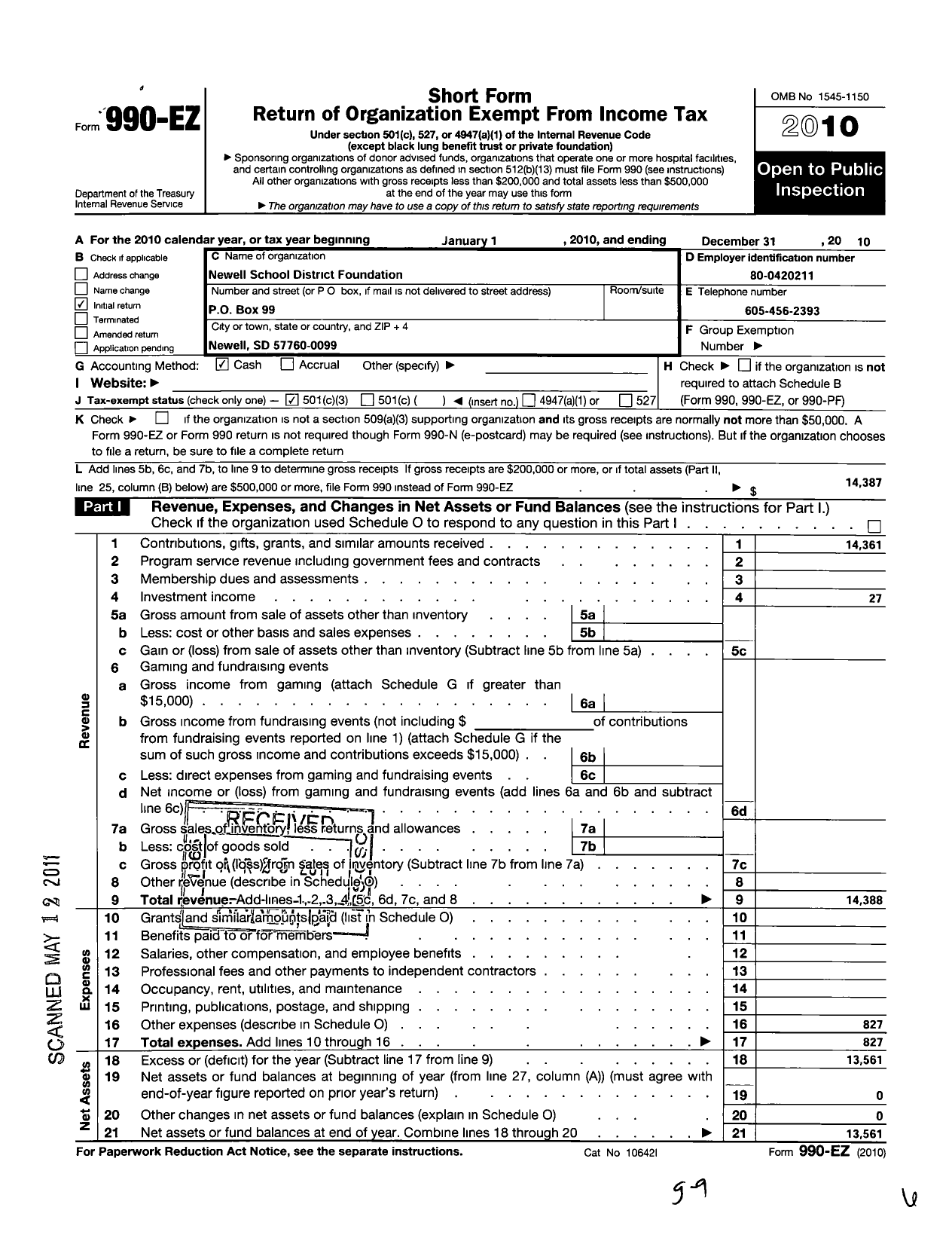 Image of first page of 2010 Form 990EZ for Newell School District Foundation