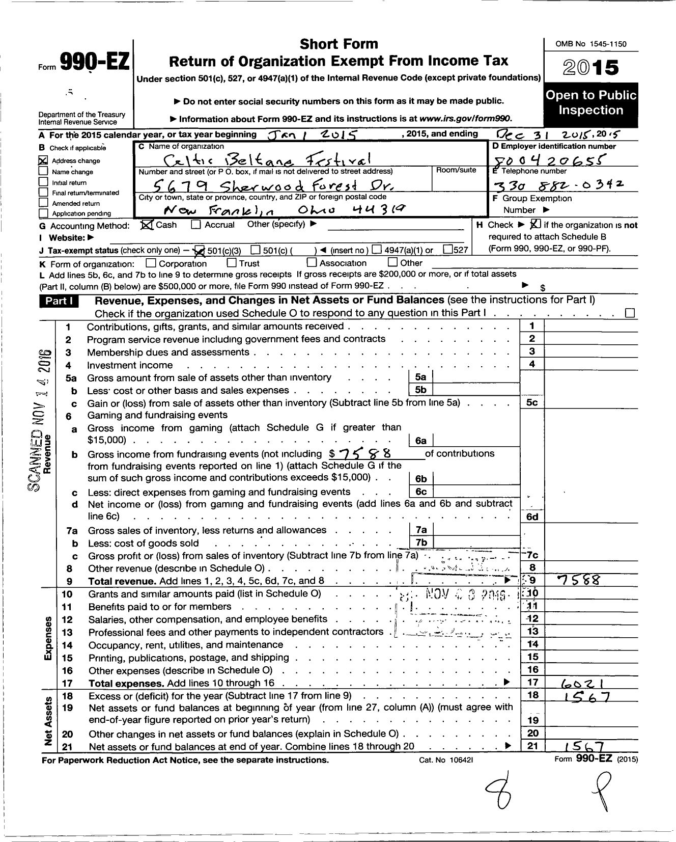 Image of first page of 2015 Form 990EZ for Celtic Beltane Festival