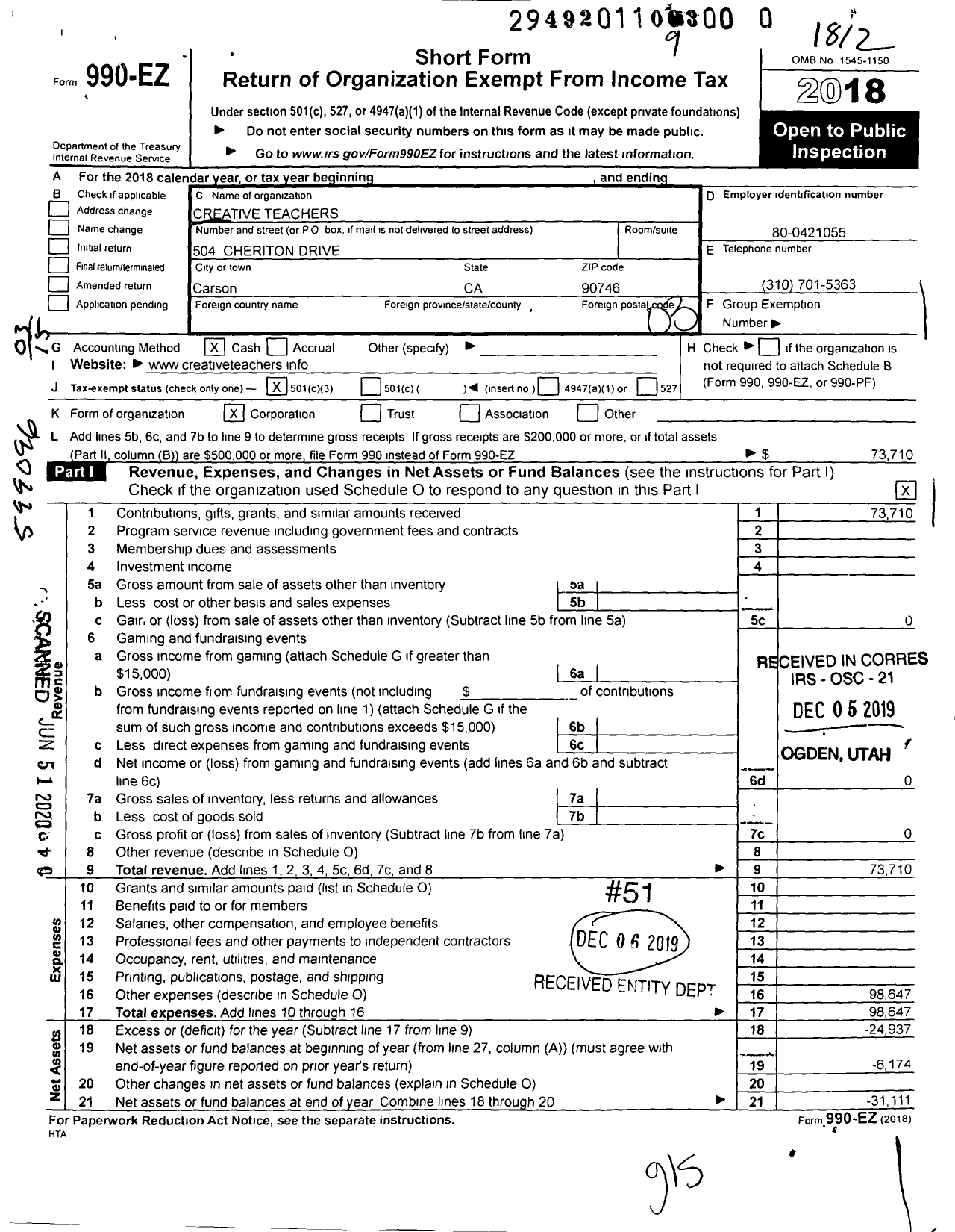 Image of first page of 2018 Form 990EZ for Creative Teachers