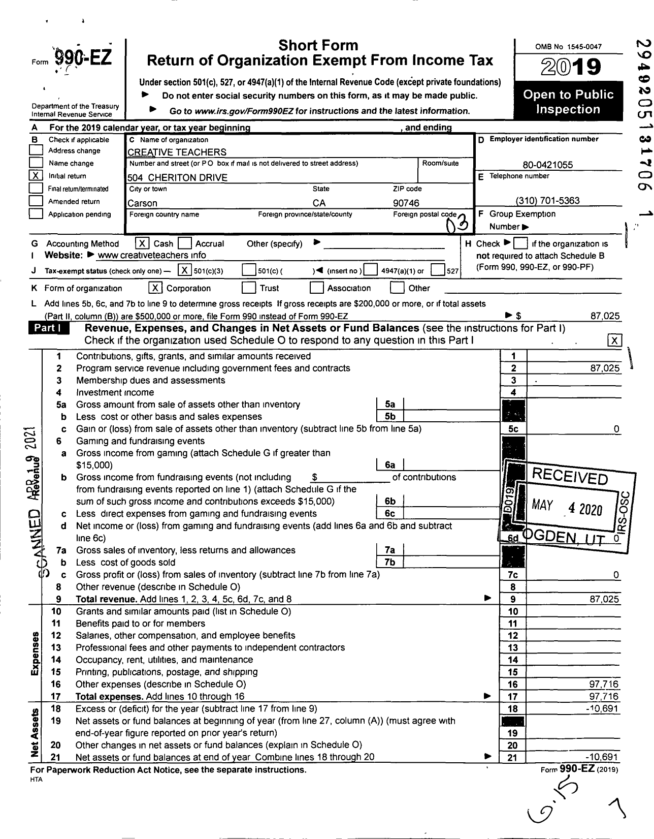 Image of first page of 2019 Form 990EZ for Creative Teachers