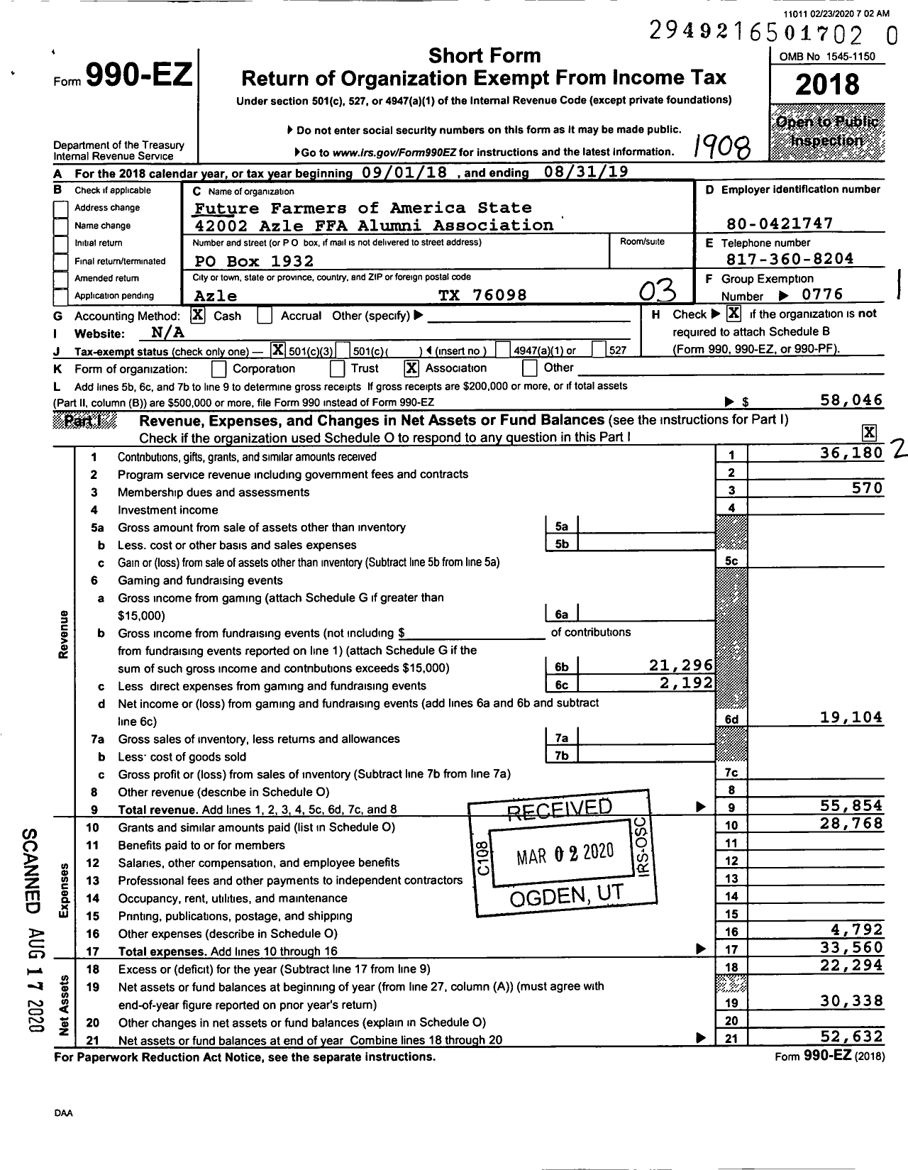 Image of first page of 2018 Form 990EZ for Future Farmers of America - 42002 Azle Ffa Alumni Association