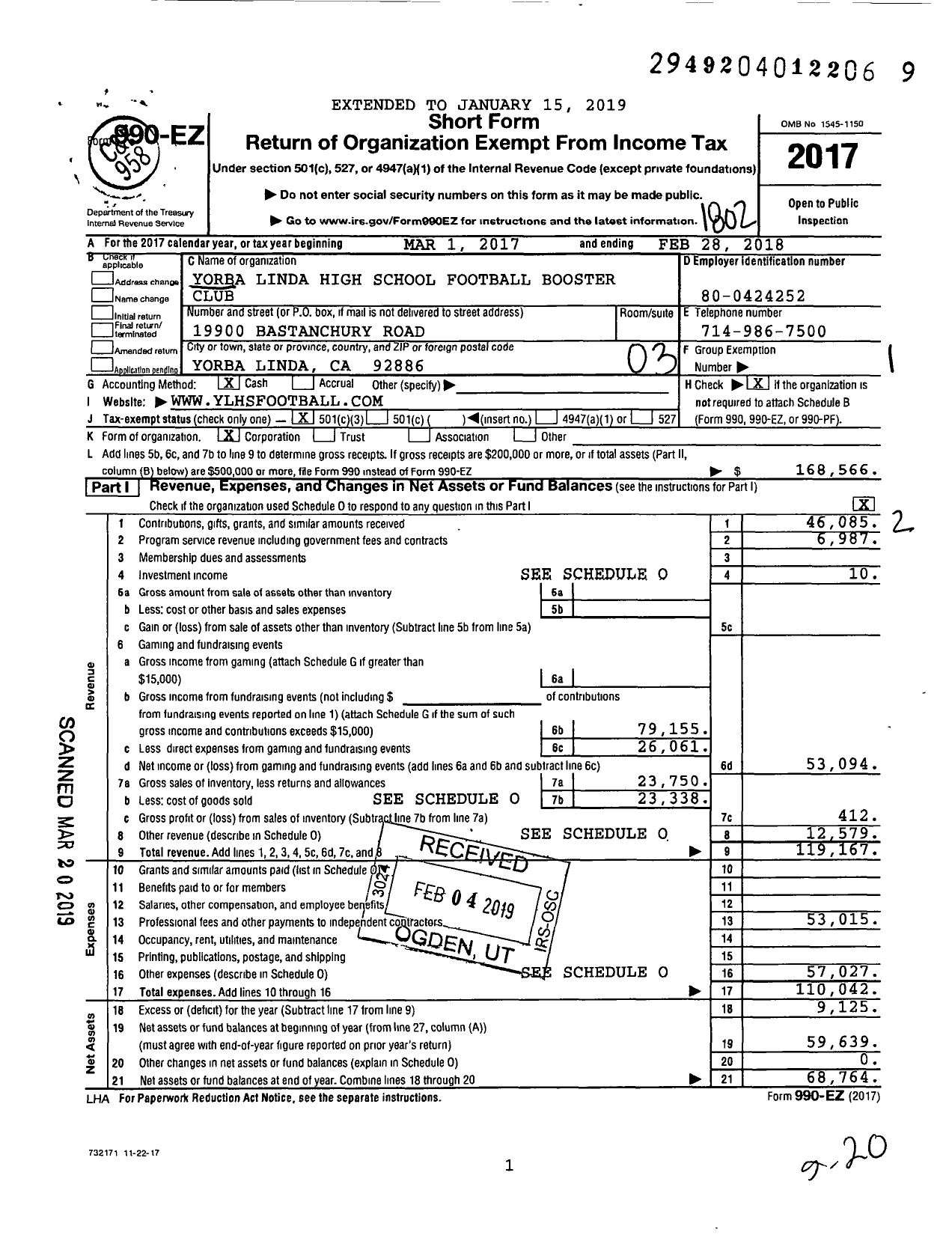 Image of first page of 2017 Form 990EZ for Yorba Linda High School Football Booster (YLHSFBC)