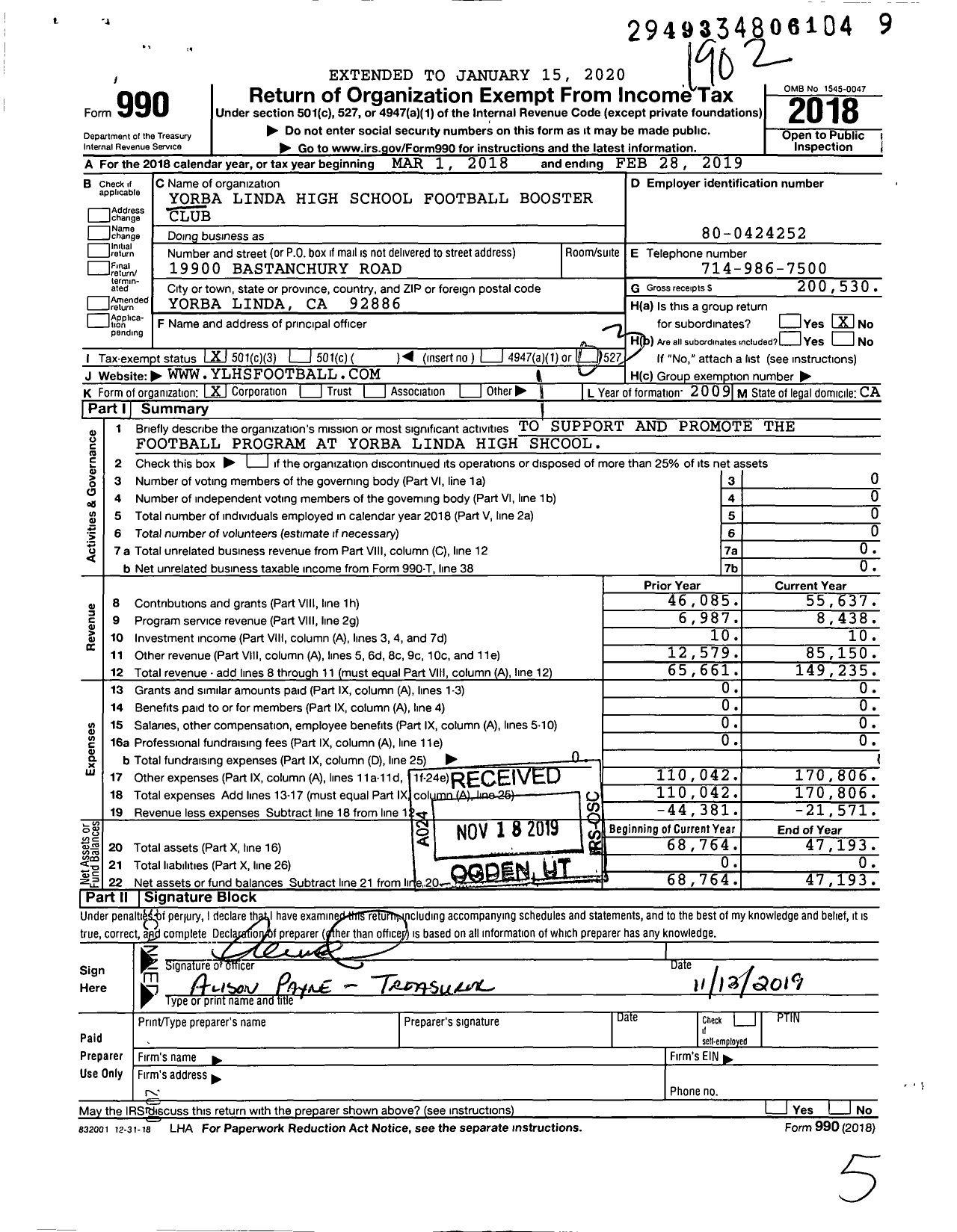 Image of first page of 2018 Form 990 for Yorba Linda High School Football Booster (YLHSFBC)