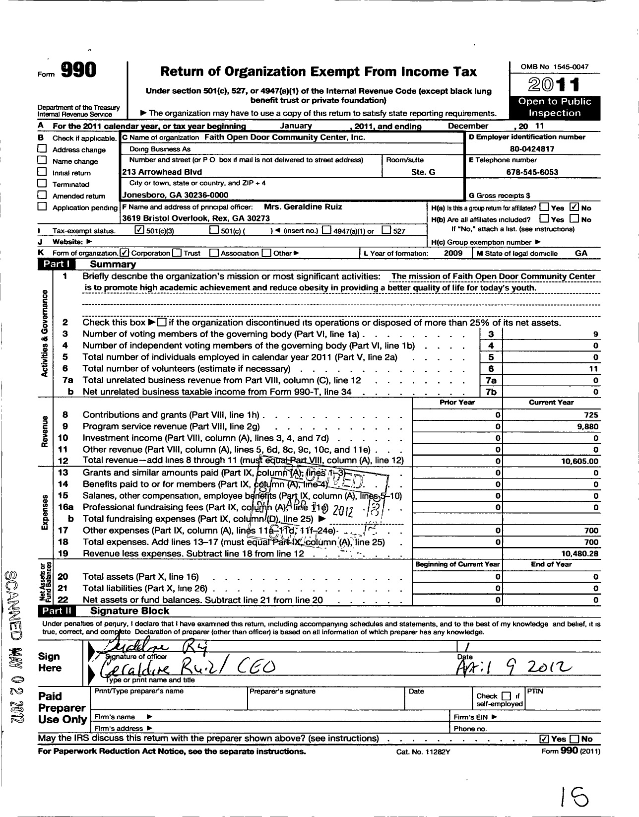 Image of first page of 2011 Form 990 for Faith Open Door Community Center