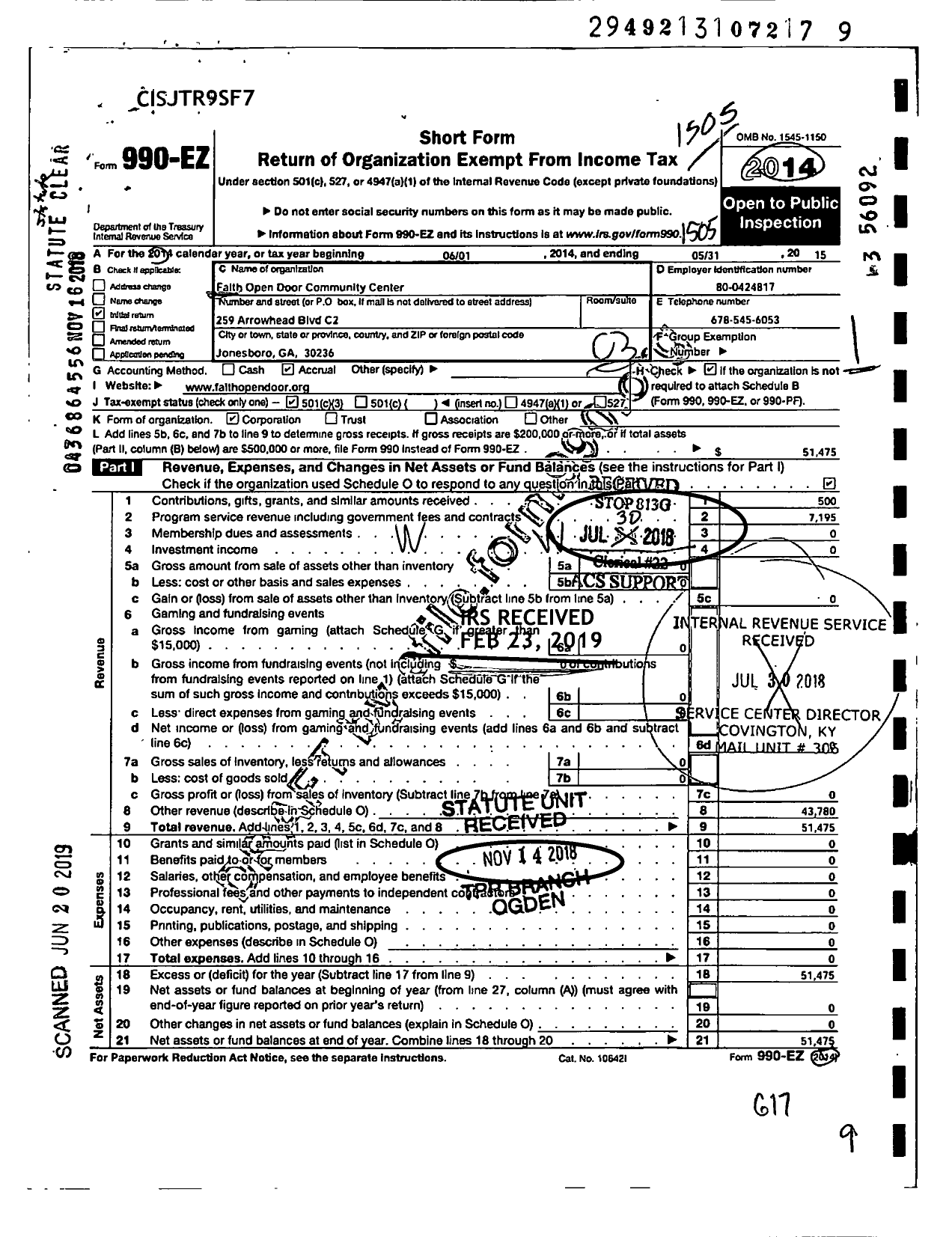 Image of first page of 2014 Form 990EZ for Faith Open Door Community Center