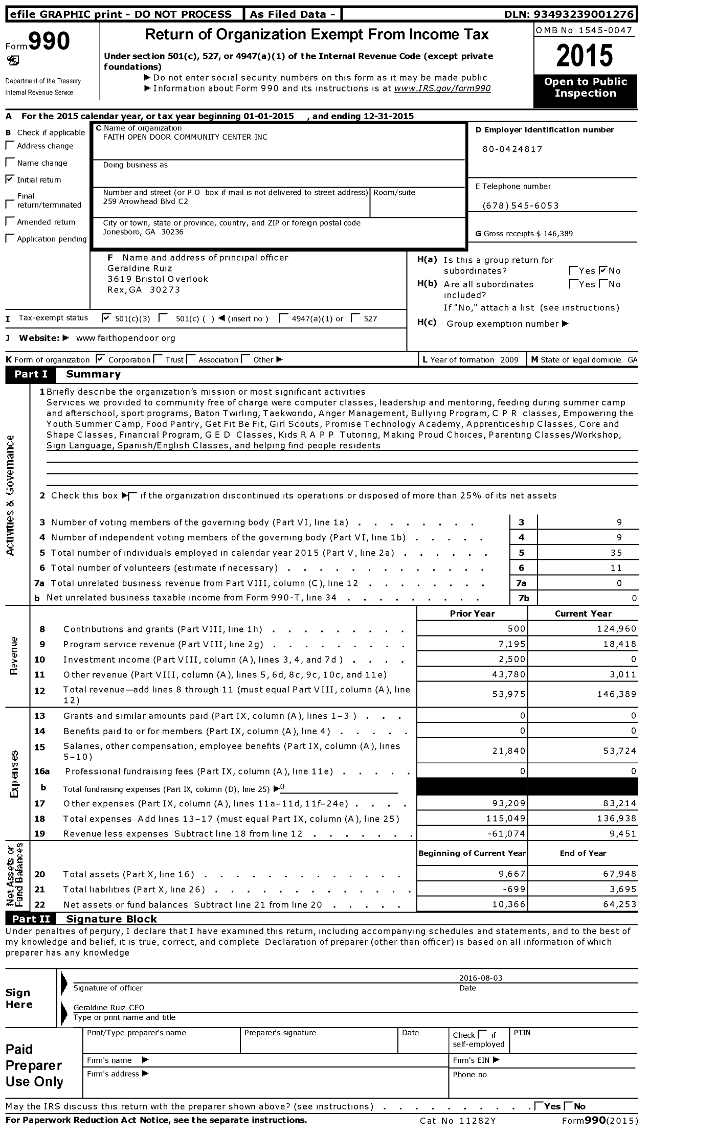 Image of first page of 2015 Form 990 for Faith Open Door Community Center