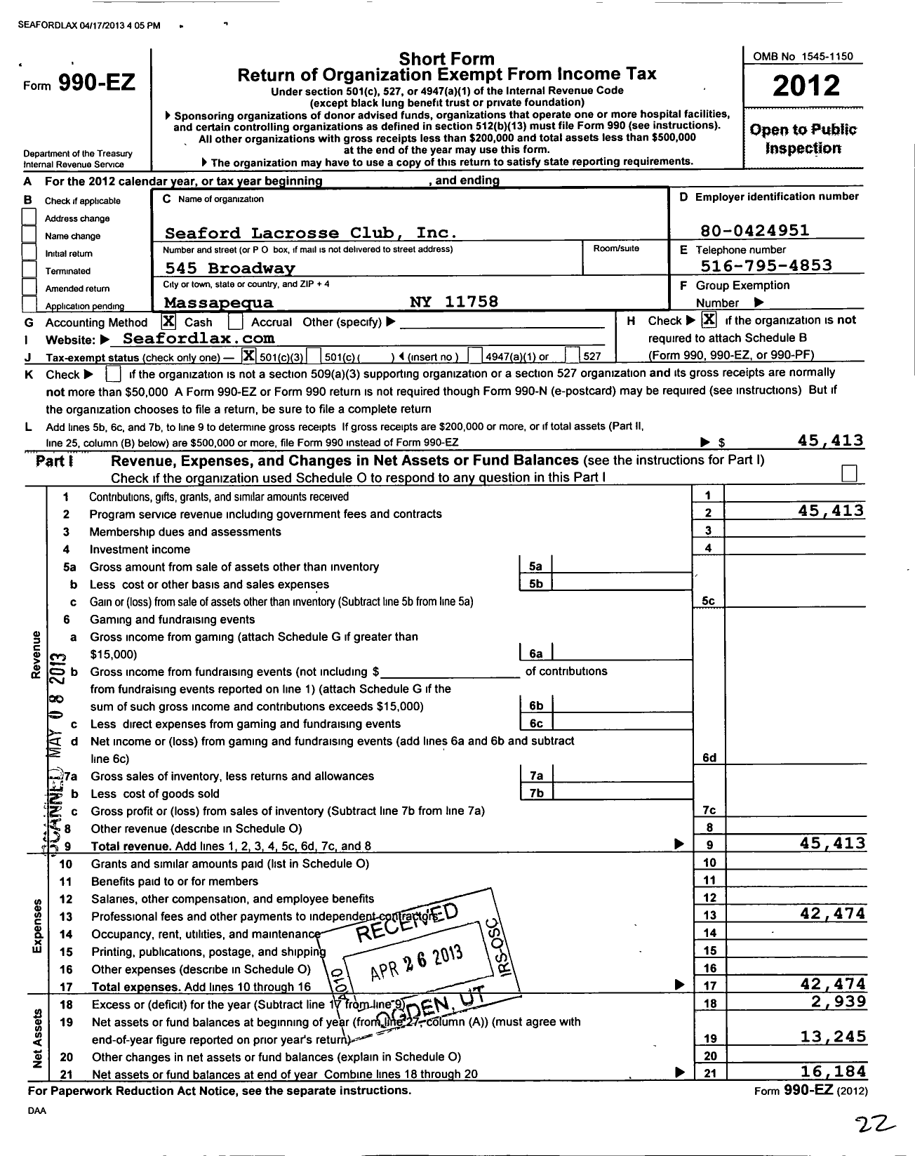 Image of first page of 2012 Form 990EZ for Seaford Lacrosse Club