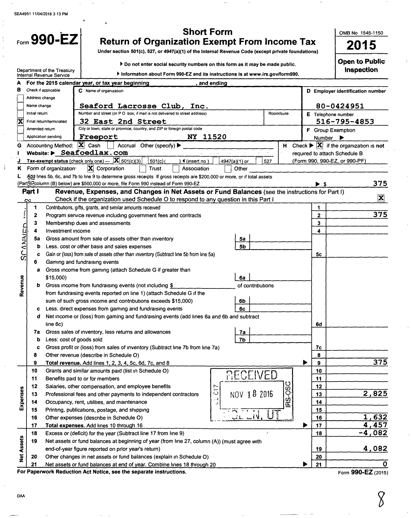 Image of first page of 2015 Form 990EZ for Seaford Lacrosse Club