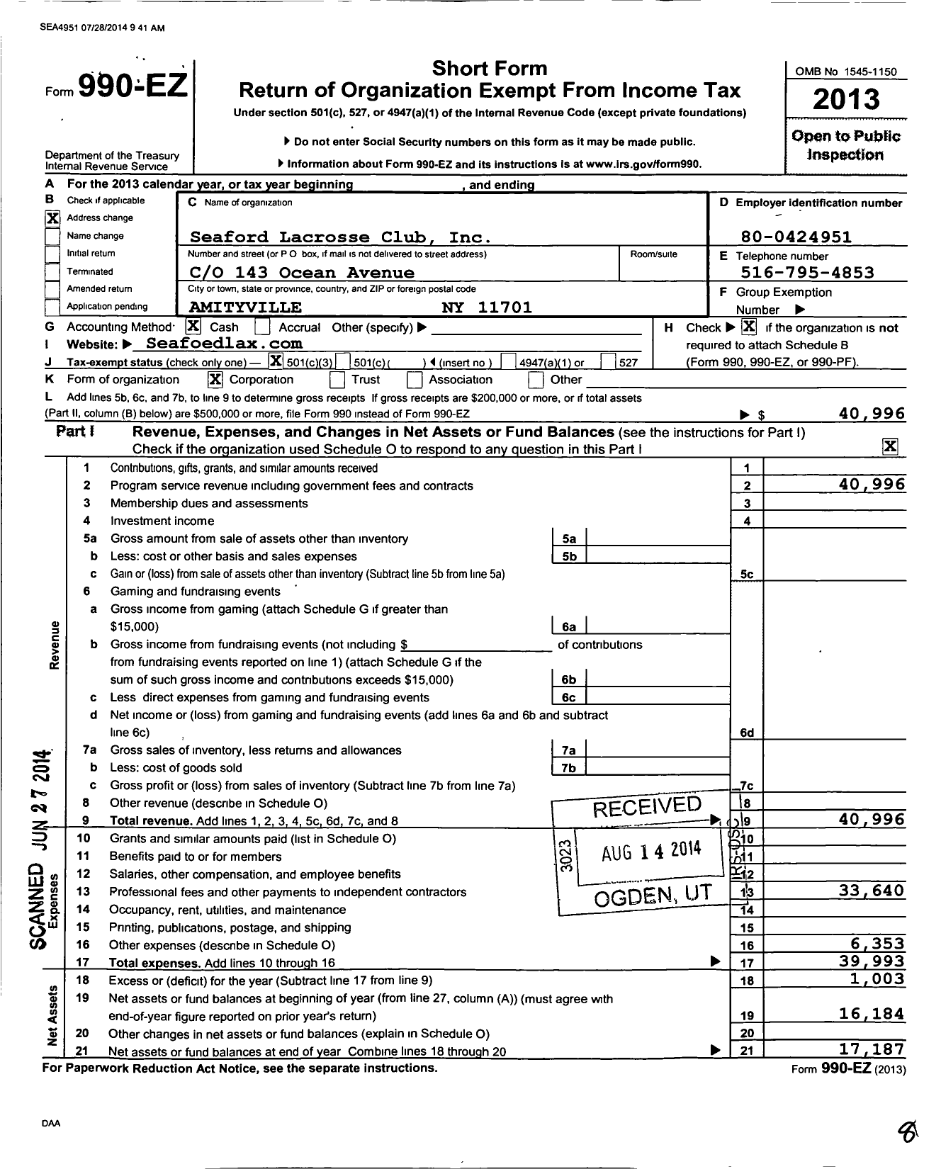 Image of first page of 2013 Form 990EZ for Seaford Lacrosse Club