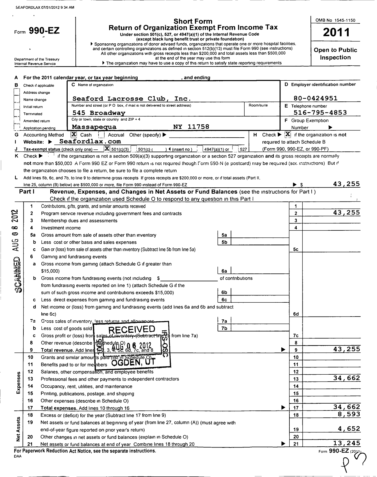 Image of first page of 2011 Form 990EZ for Seaford Lacrosse Club