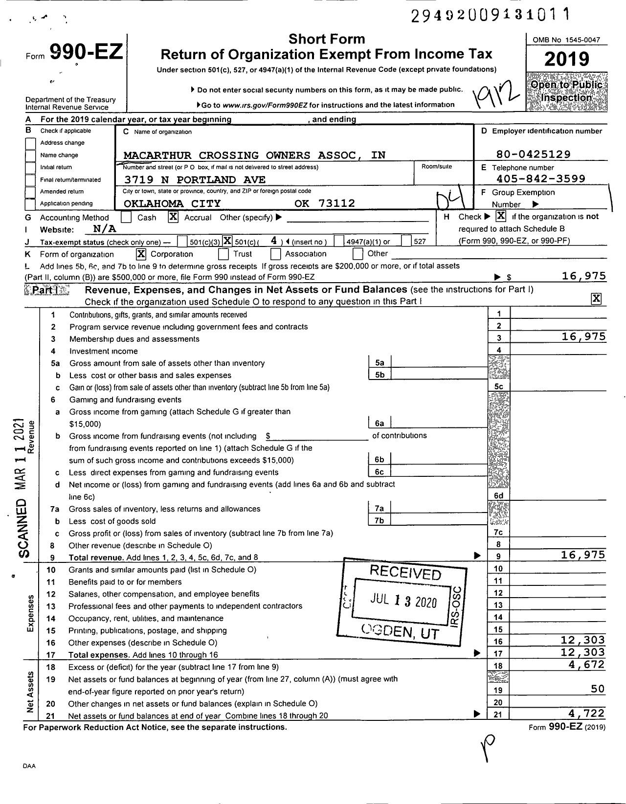 Image of first page of 2019 Form 990EO for Macarthur Crossing Owners Association