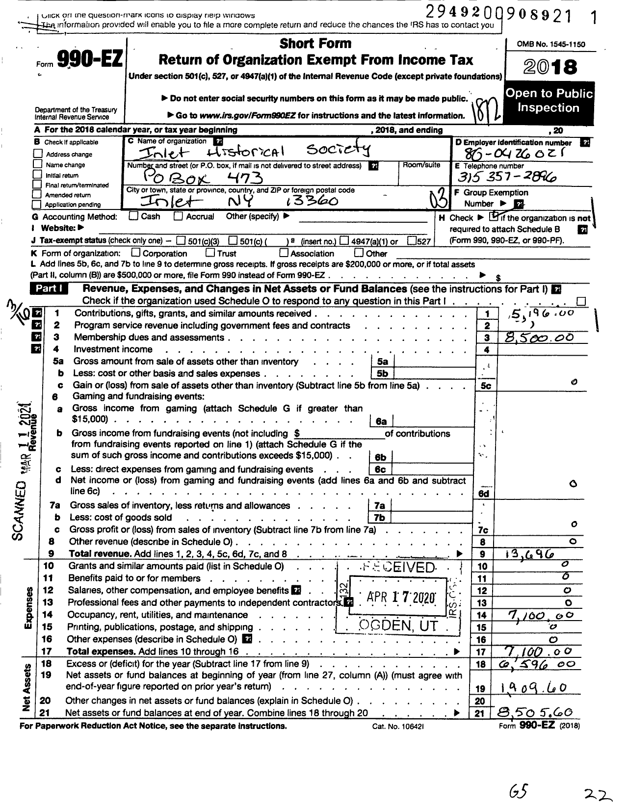 Image of first page of 2018 Form 990EZ for Inlet Historical Society