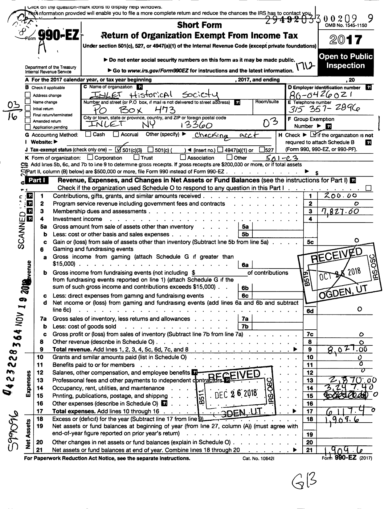 Image of first page of 2017 Form 990EZ for Inlet Historical Society