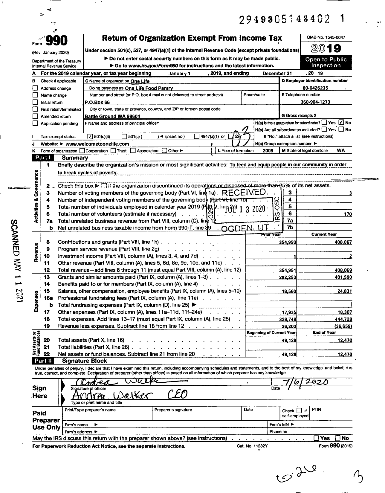 Image of first page of 2019 Form 990 for One Life