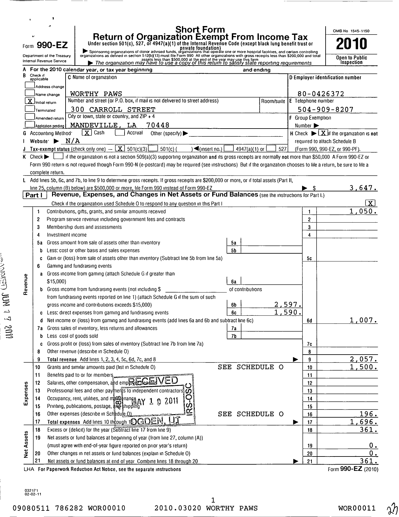 Image of first page of 2010 Form 990EZ for Worthy Paws