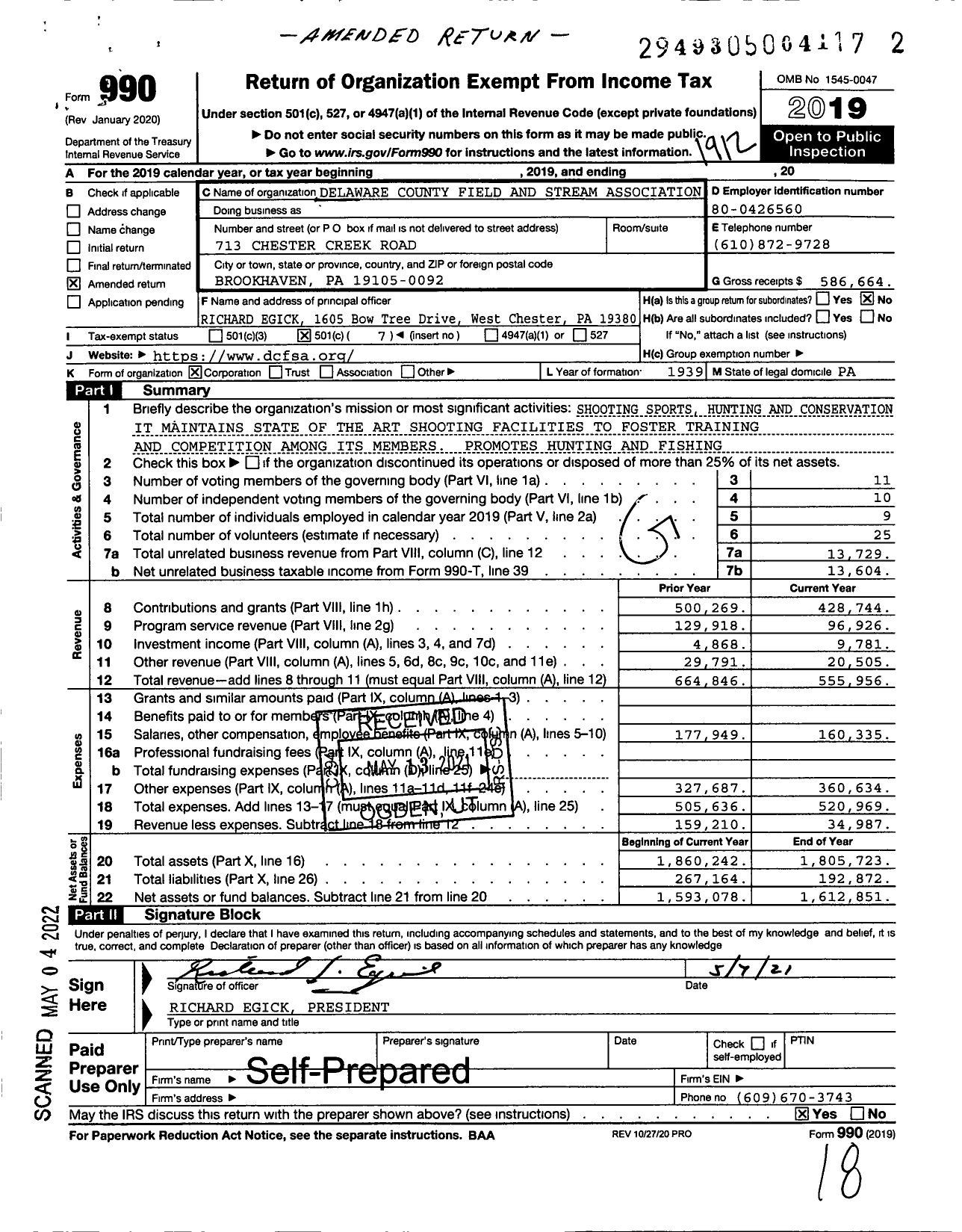 Image of first page of 2019 Form 990O for Delaware County Field and Stream Association