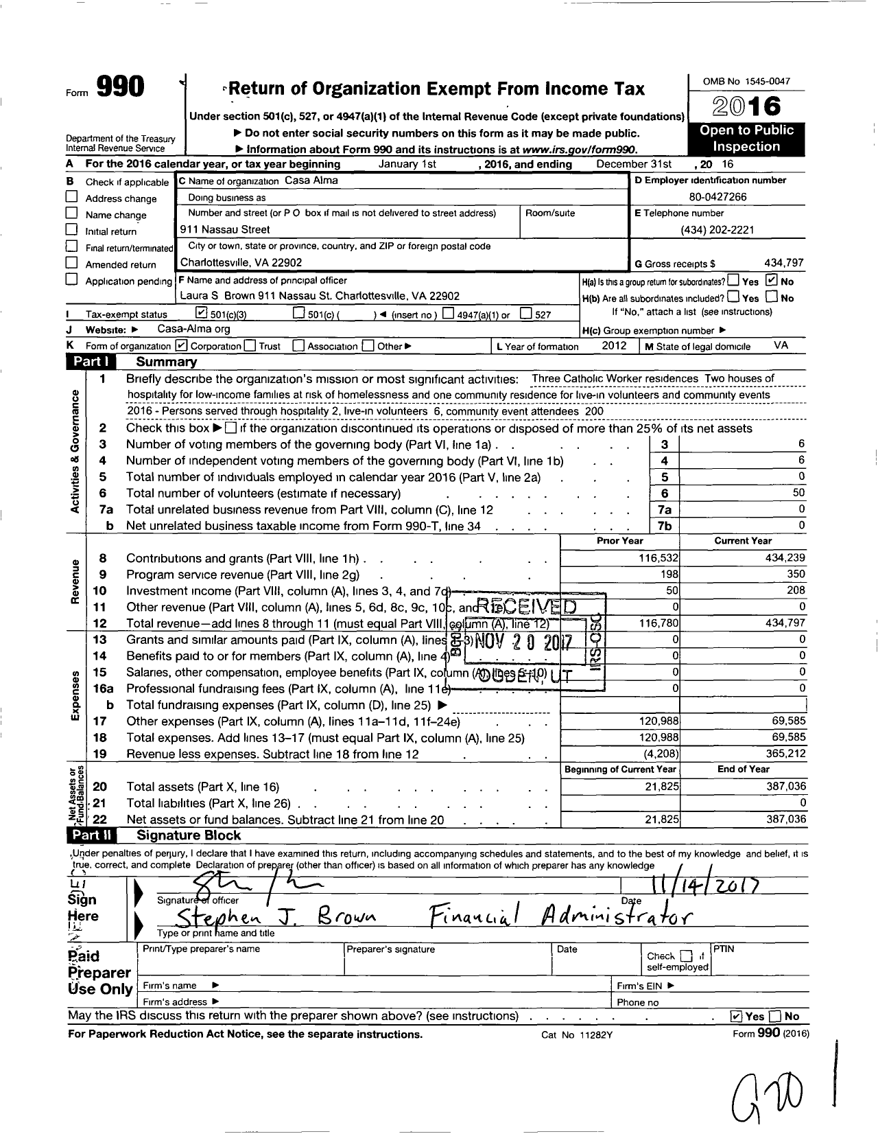 Image of first page of 2016 Form 990 for Casa Alma