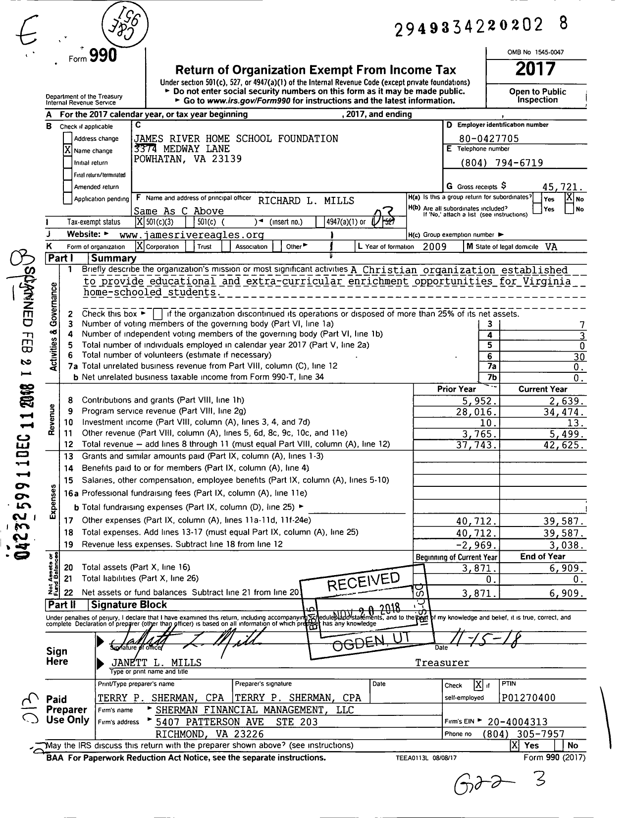 Image of first page of 2017 Form 990 for James River Home School Foundation