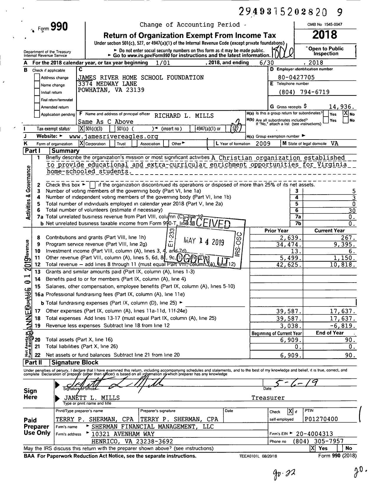 Image of first page of 2017 Form 990 for James River Home School Foundation