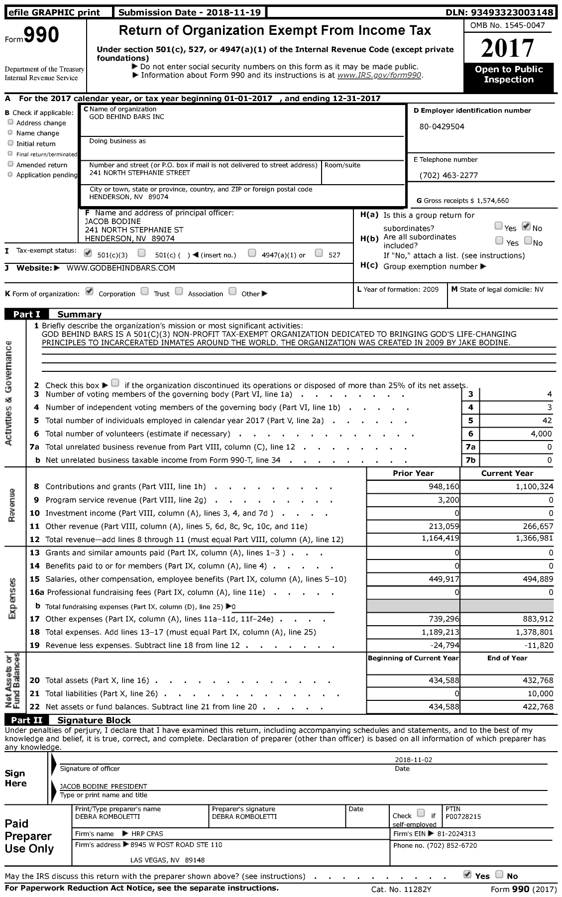 Image of first page of 2017 Form 990 for God Behind Bars