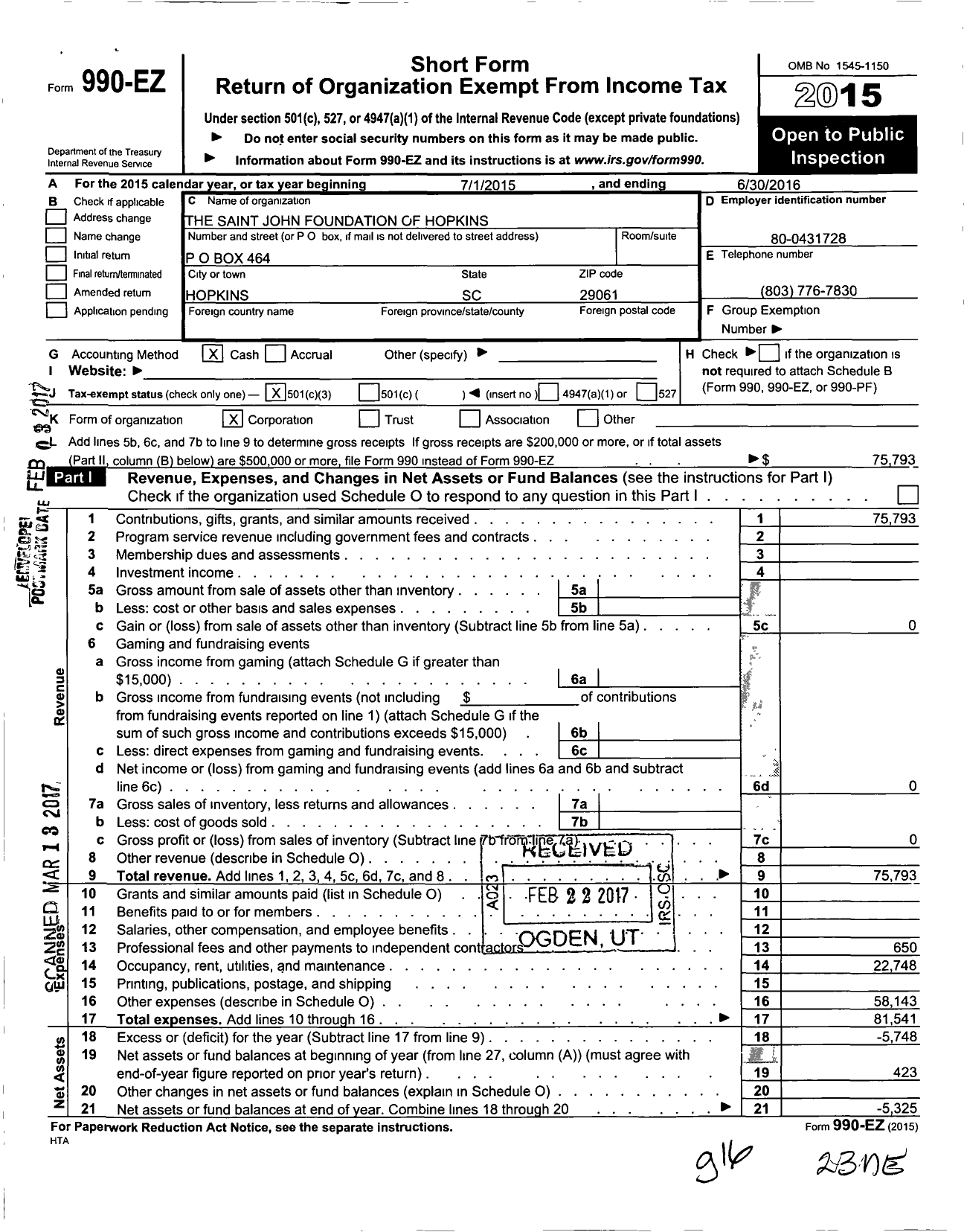 Image of first page of 2015 Form 990EZ for Saint John Foundation of Hopkins