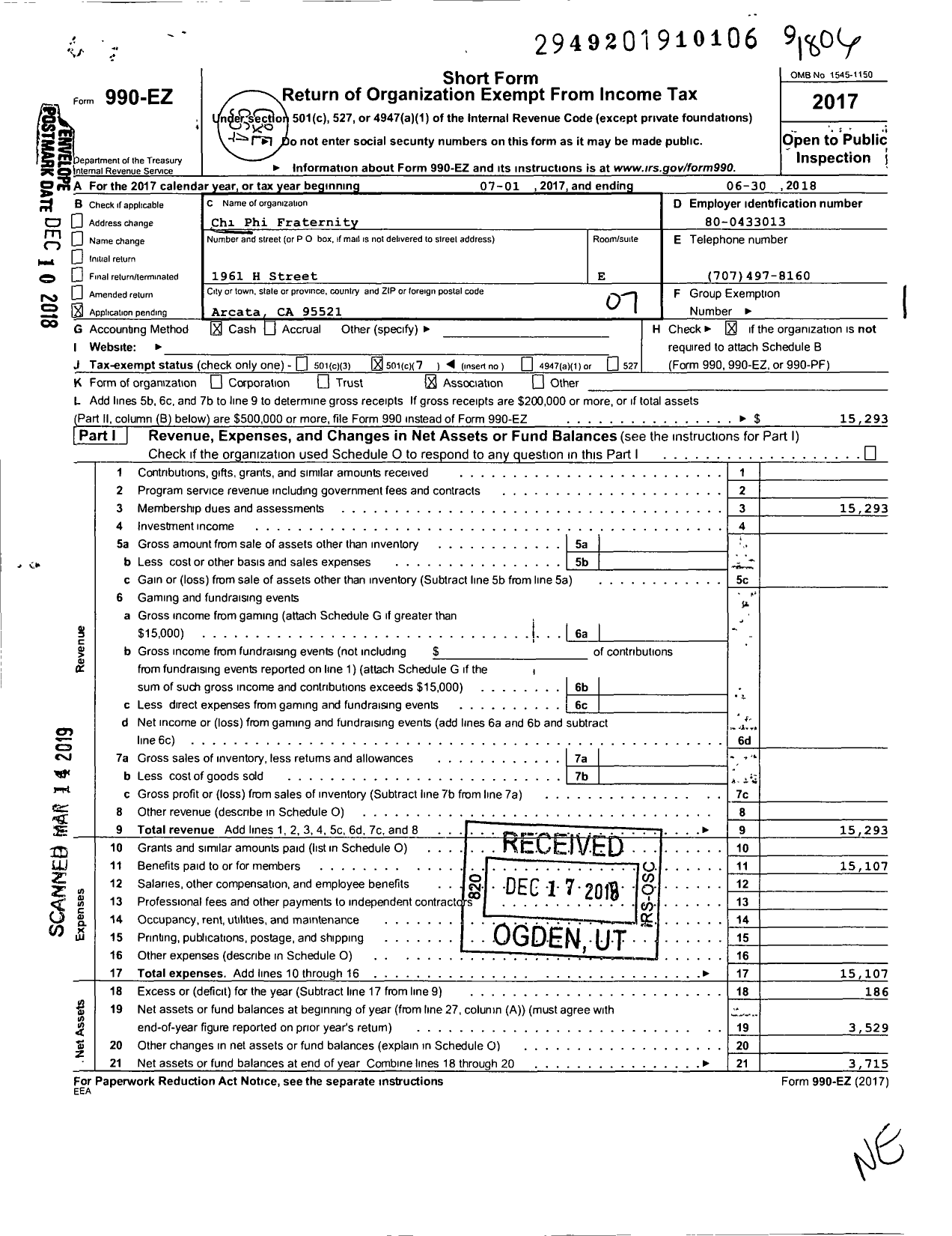 Image of first page of 2017 Form 990EO for Chi Phi Fraternity