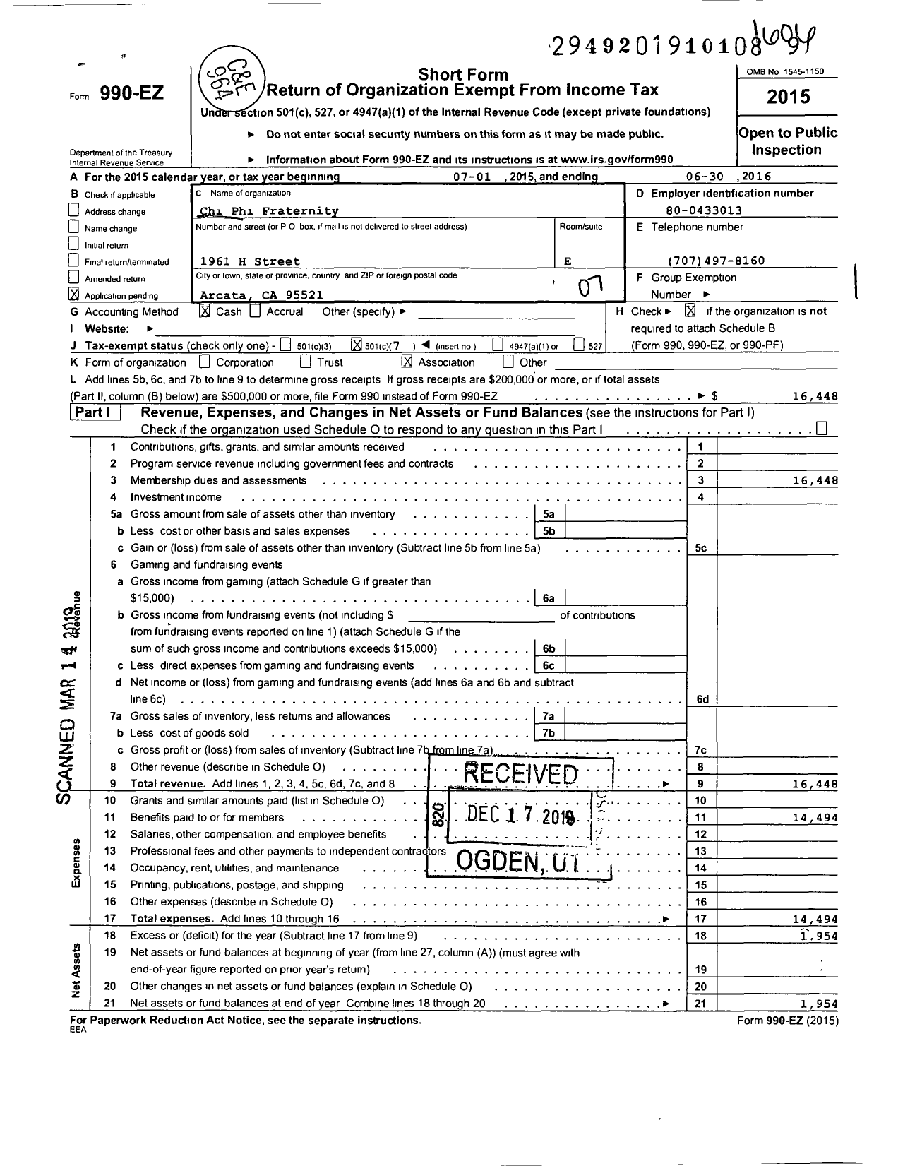 Image of first page of 2015 Form 990EO for Chi Phi Fraternity