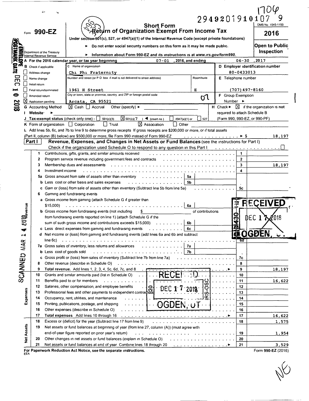 Image of first page of 2016 Form 990EO for Chi Phi Fraternity