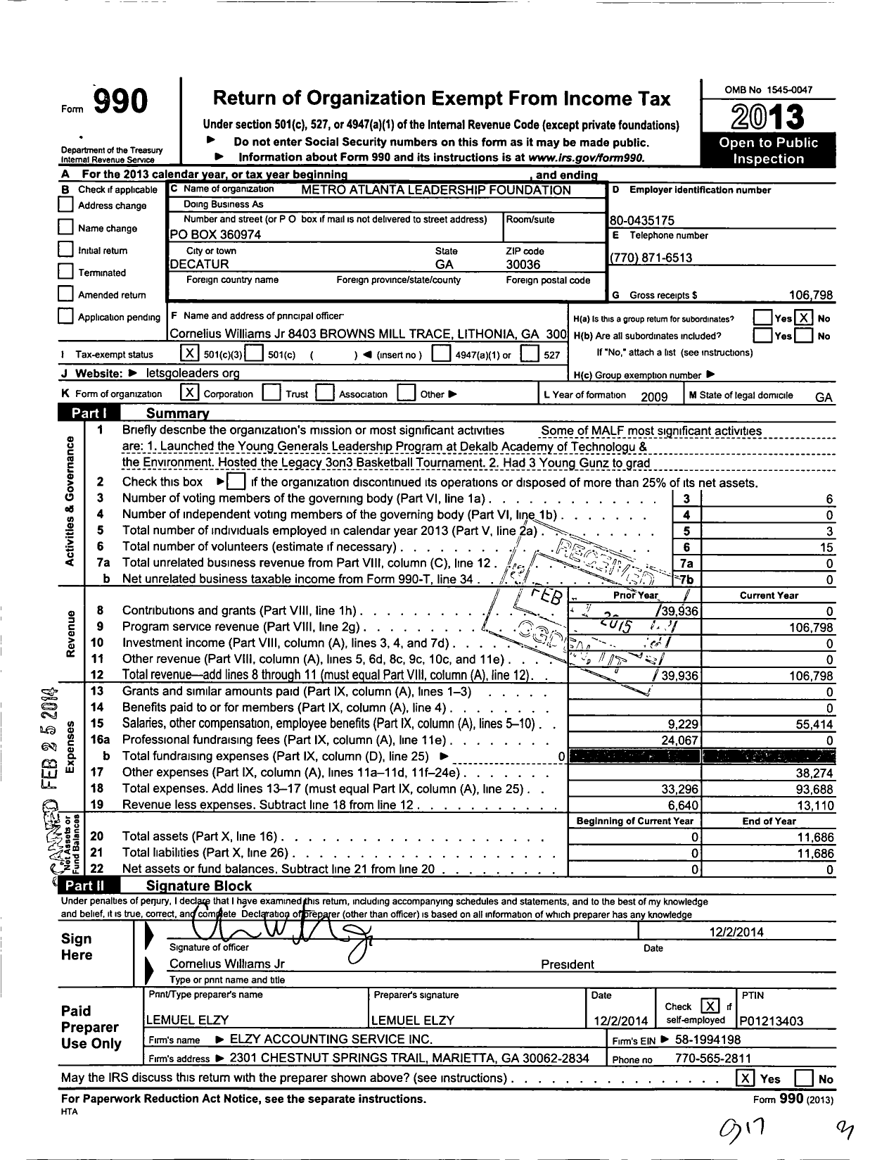 Image of first page of 2013 Form 990 for Metro Atlanta Leadership Foundation Incorporated