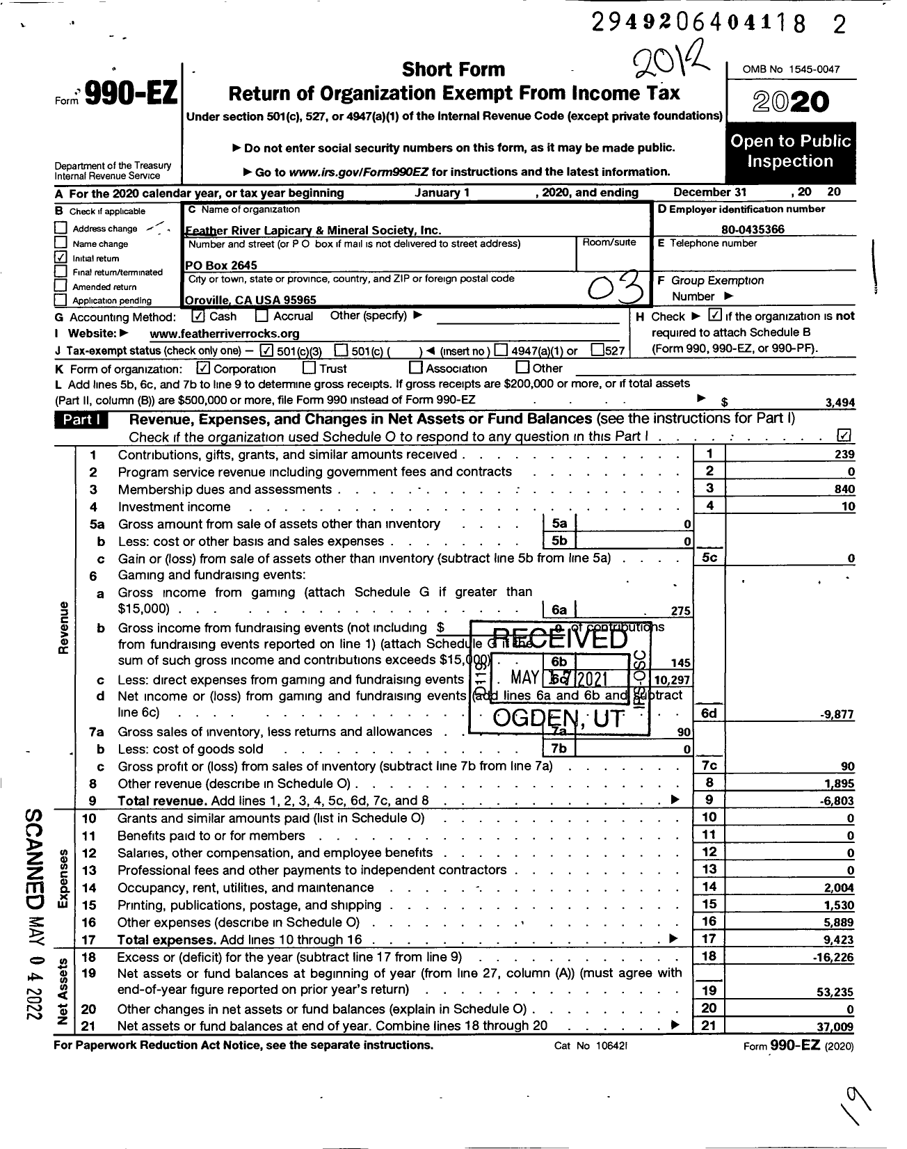 Image of first page of 2020 Form 990EZ for Feather River Lapidary and Mineral Society