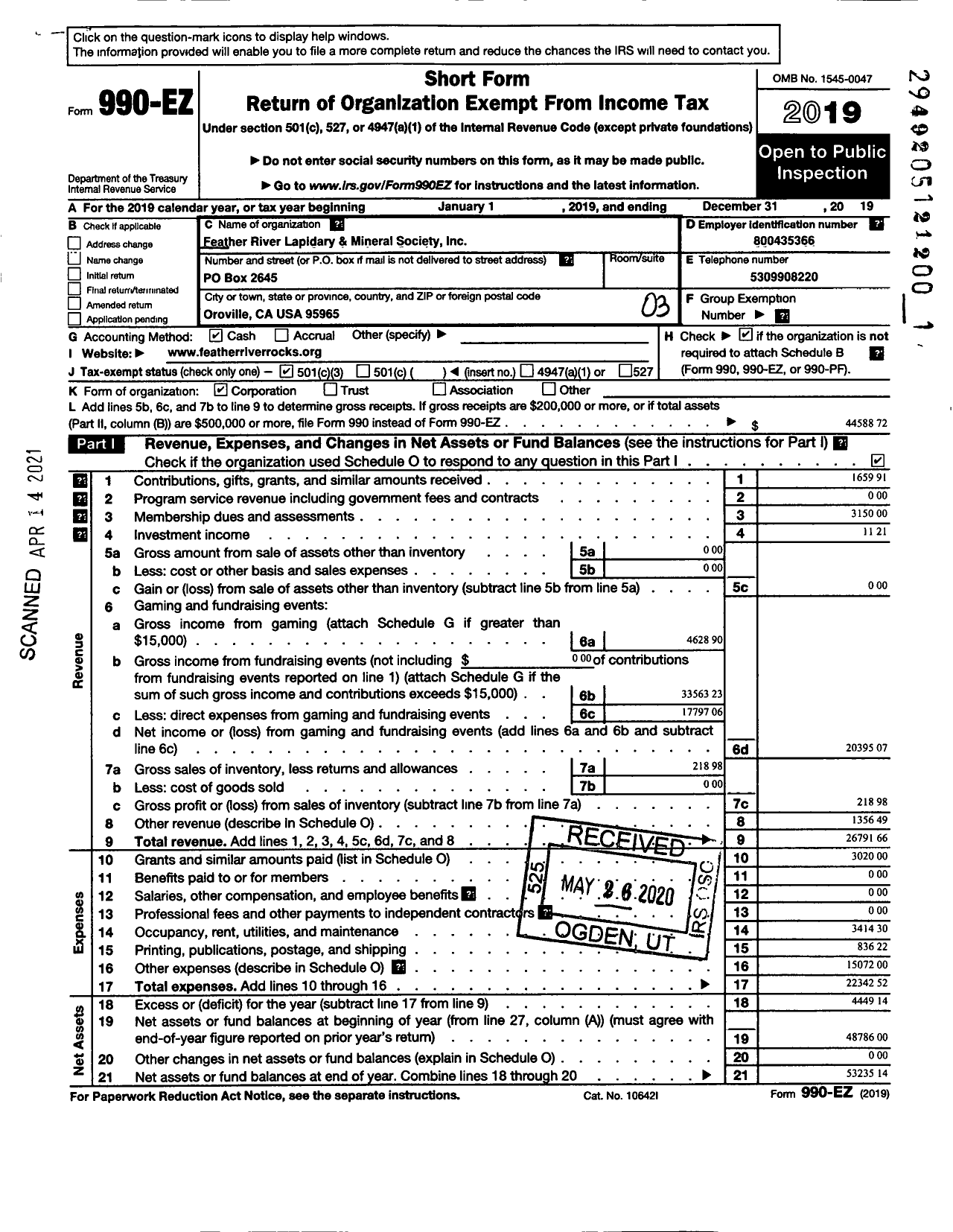 Image of first page of 2019 Form 990EZ for Feather River Lapidary and Mineral Society