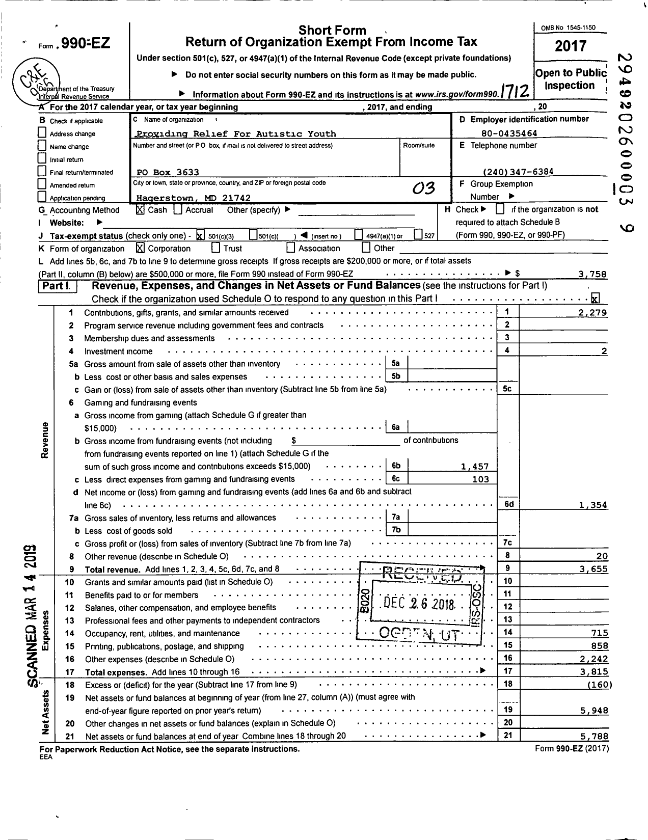 Image of first page of 2017 Form 990EZ for Providing Relief For Autistic Youth