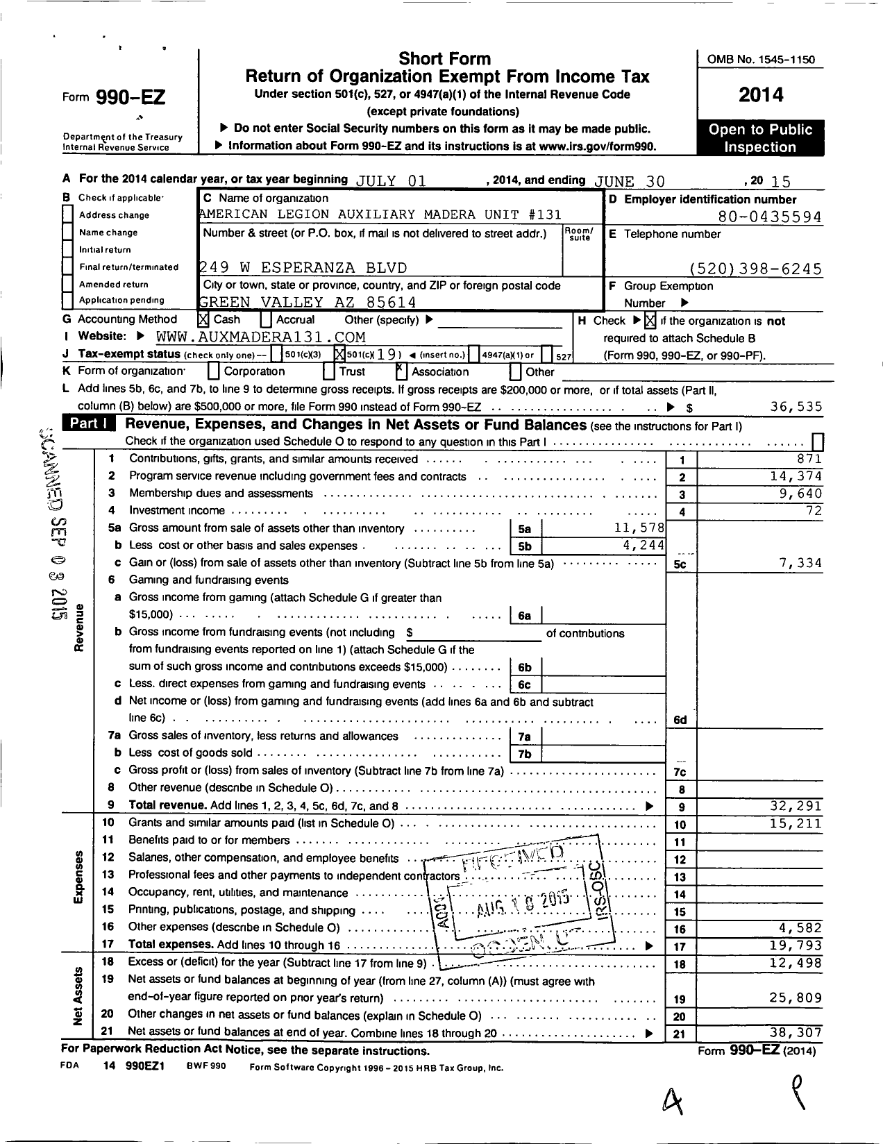Image of first page of 2014 Form 990EO for American Legion Auxiliary Madera Unit 131
