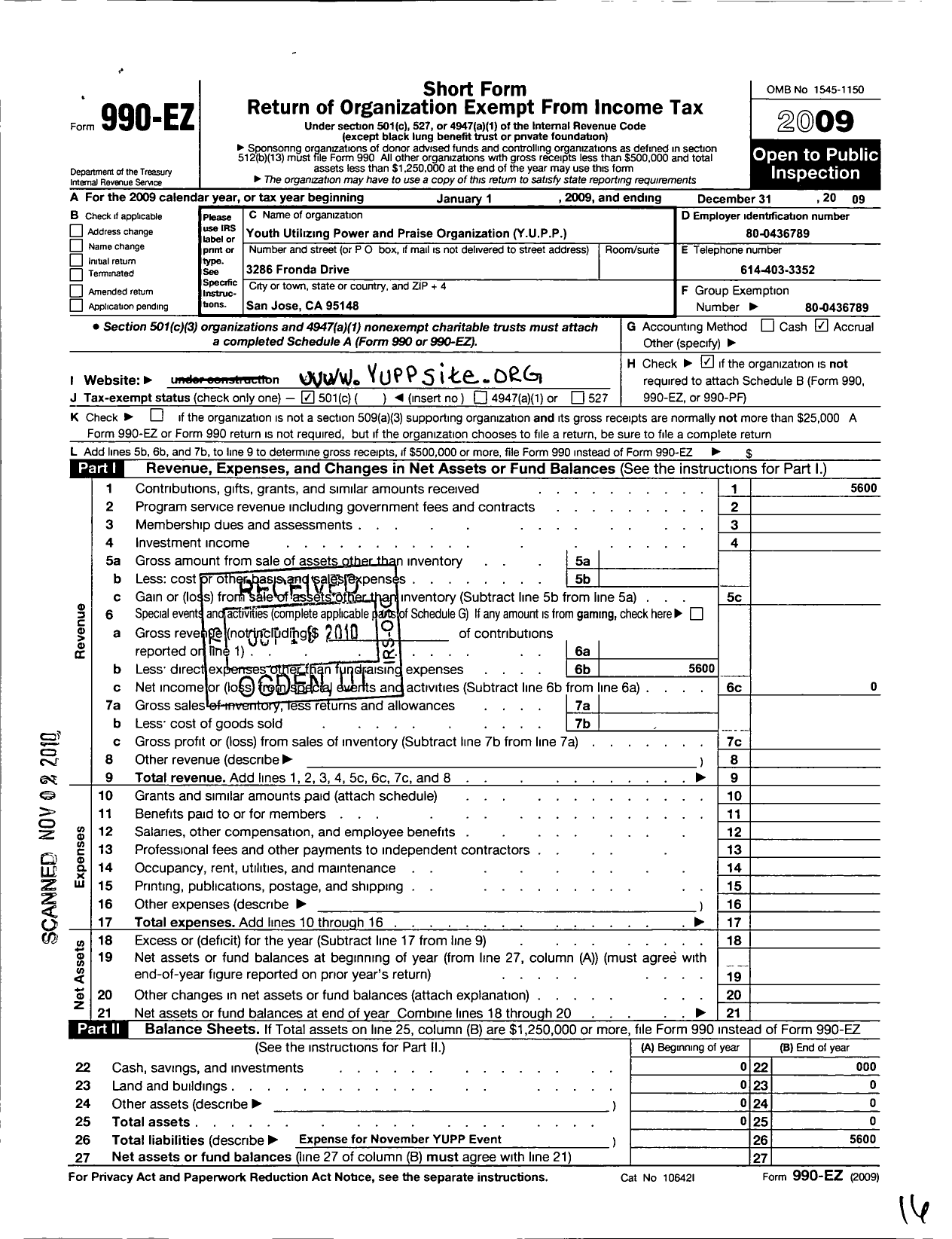 Image of first page of 2009 Form 990EO for Youth Utilizing Power and Praise Organization