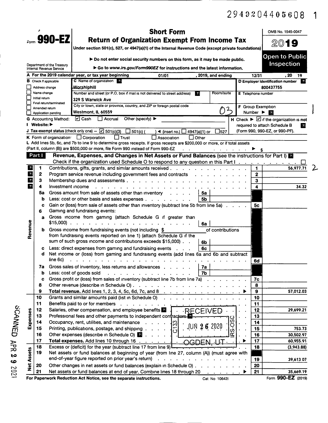 Image of first page of 2019 Form 990EZ for Christian House of Worship