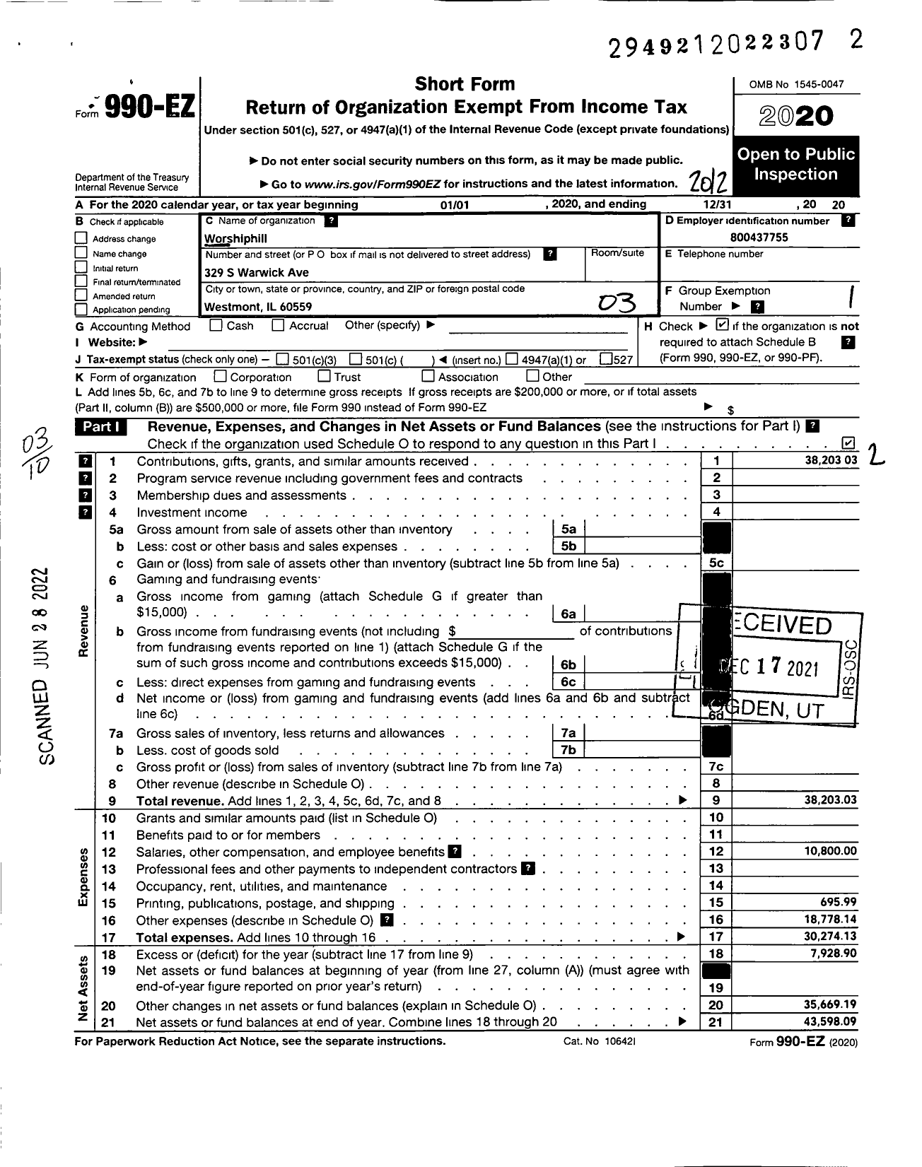 Image of first page of 2020 Form 990EZ for Christian House of Worship