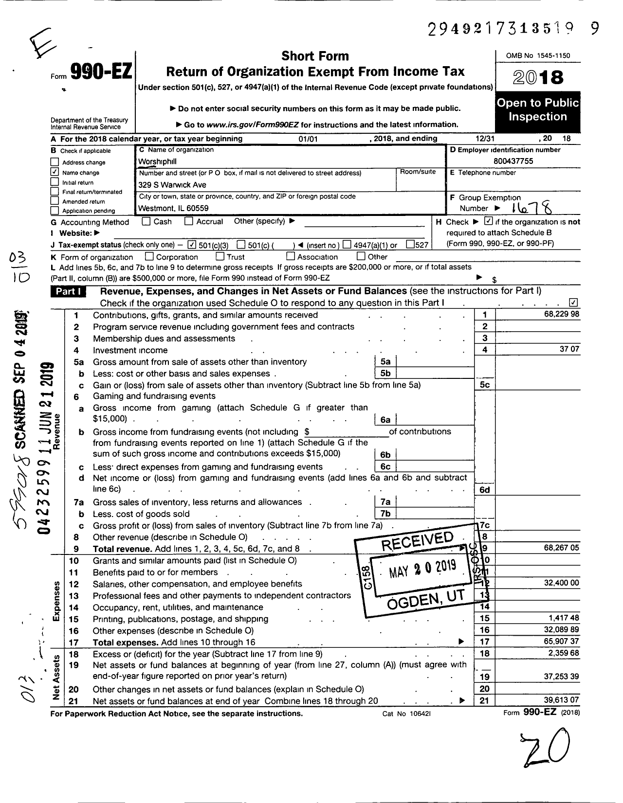 Image of first page of 2018 Form 990EZ for Christian House of Worship