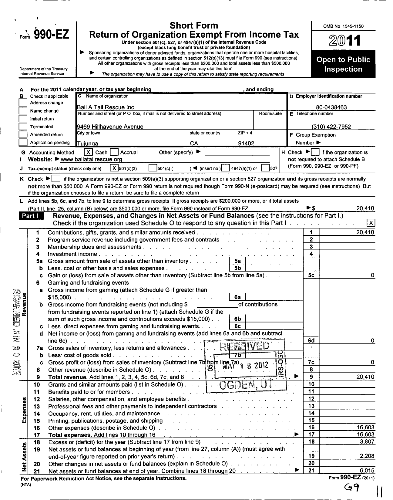 Image of first page of 2011 Form 990EZ for Bail A Tail Rescue