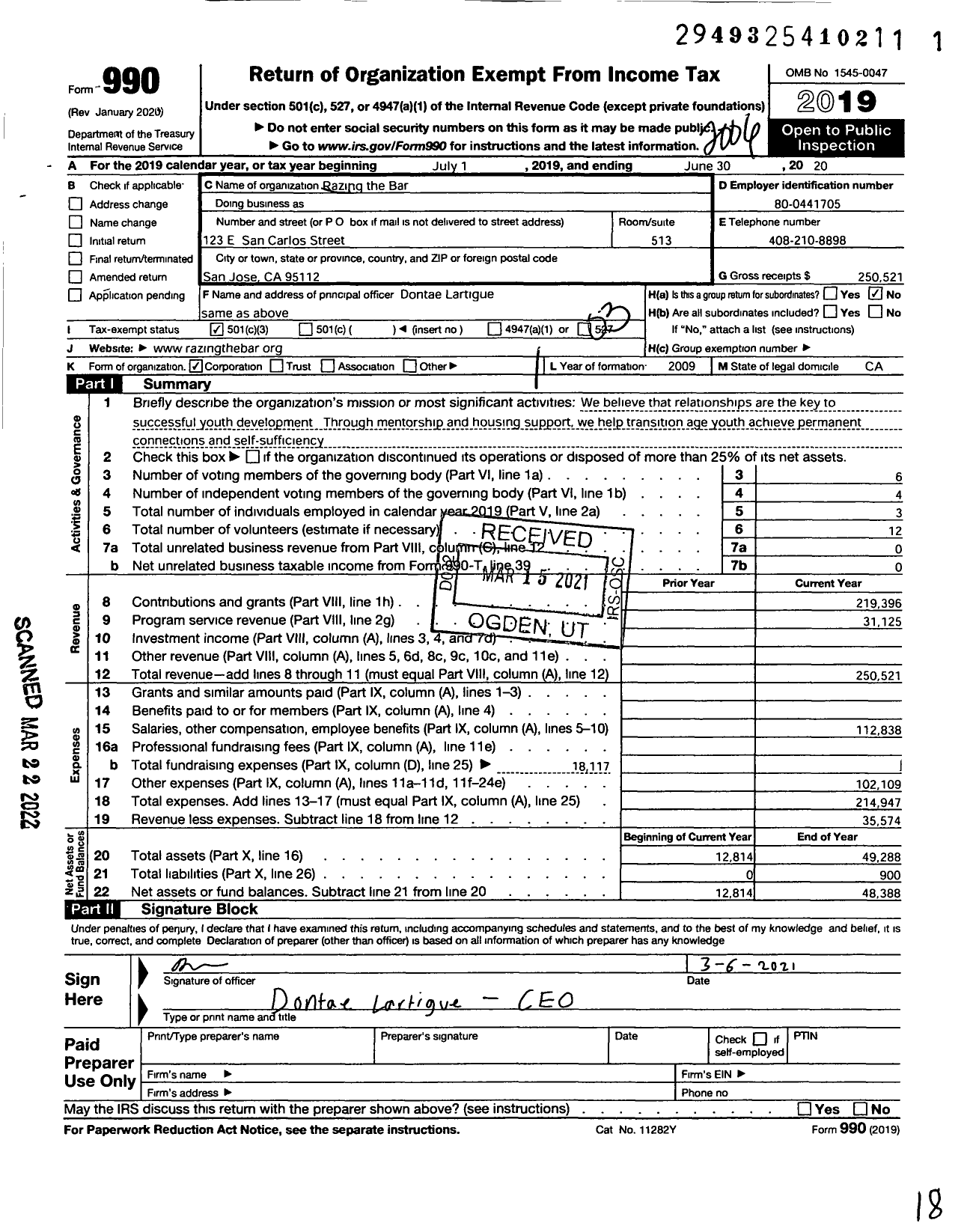 Image of first page of 2019 Form 990 for Razing the Bar