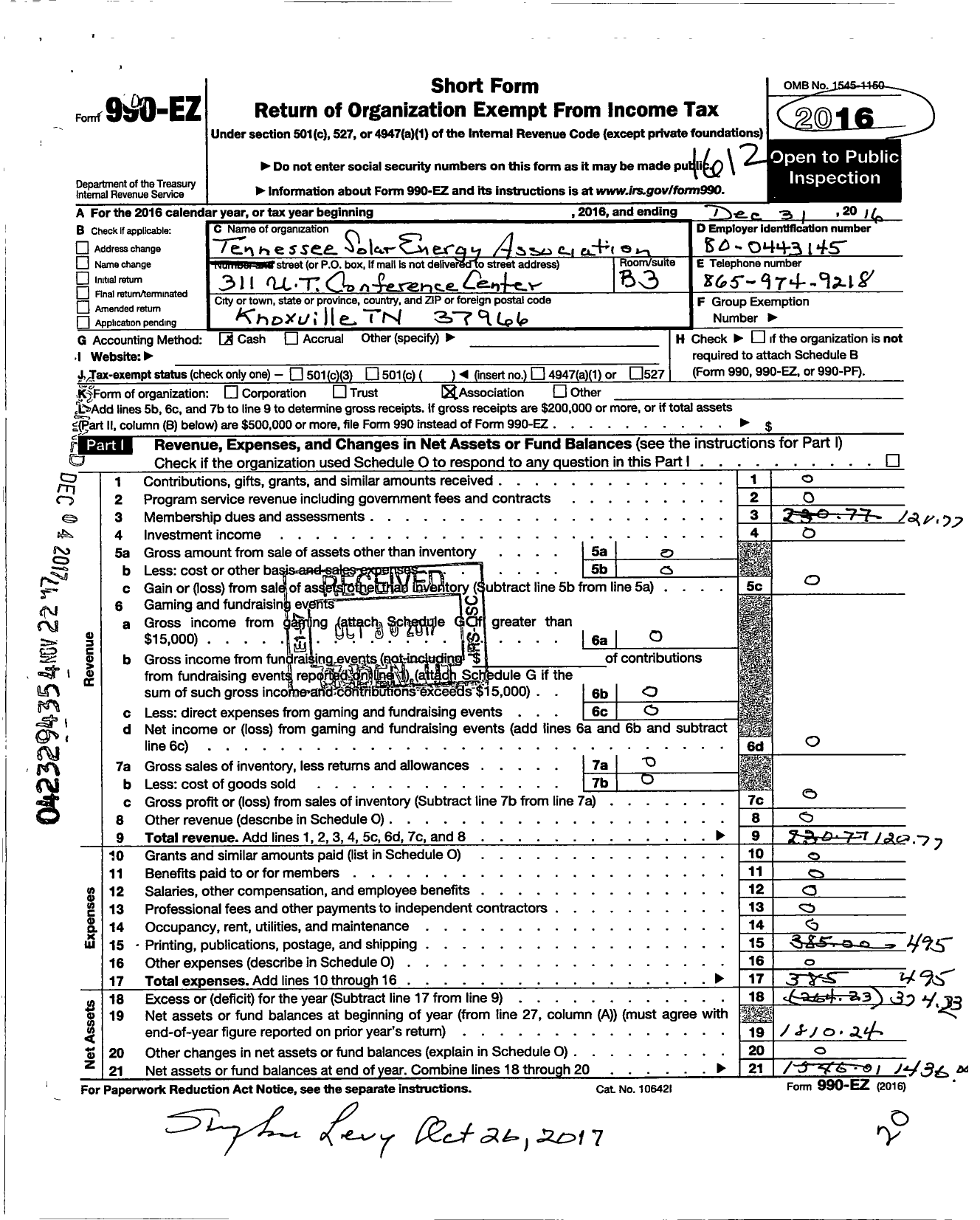 Image of first page of 2016 Form 990EZ for Tennessee Solar Energy Association