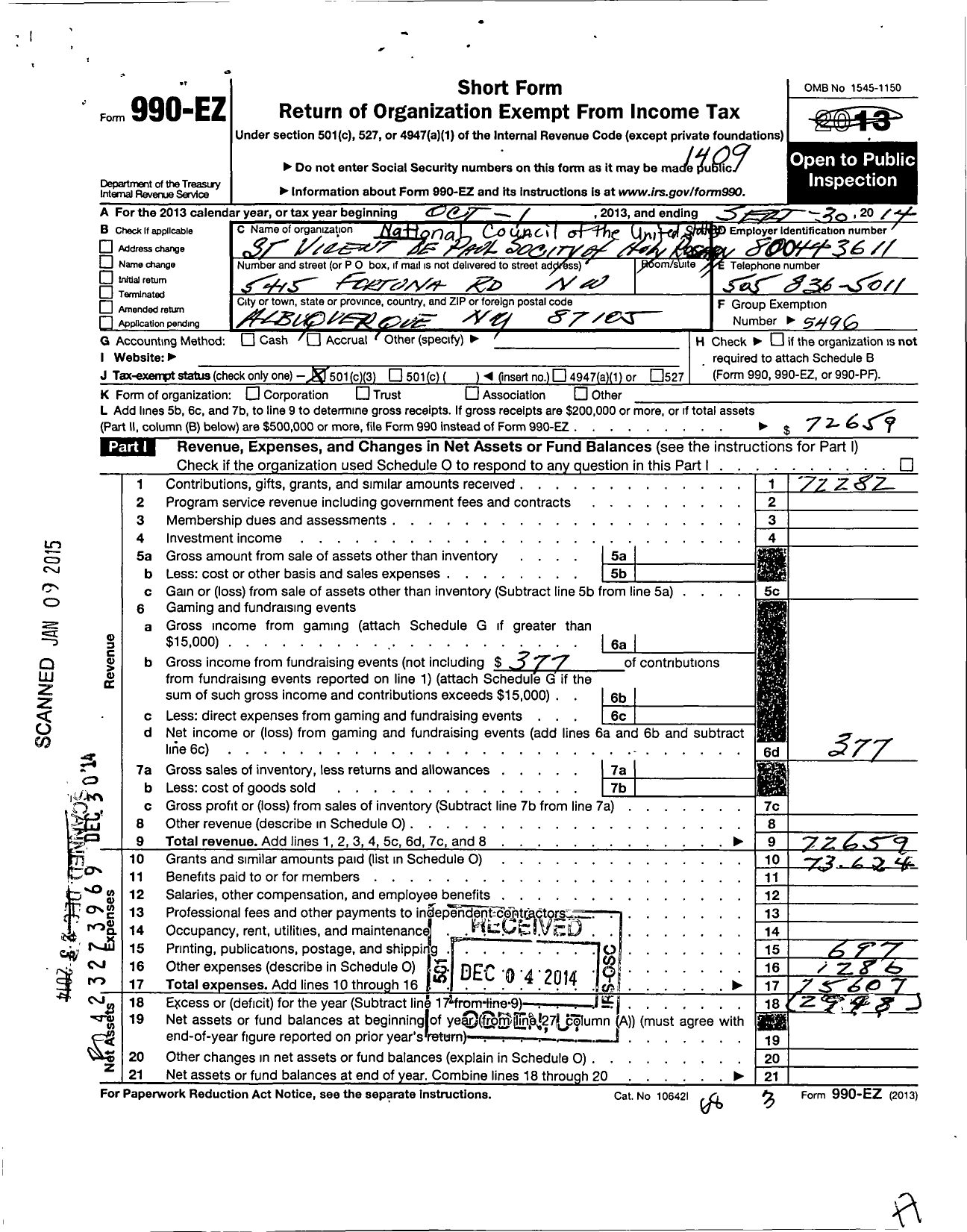 Image of first page of 2013 Form 990EZ for St Vincent de Paul Socity of Holy Rosary