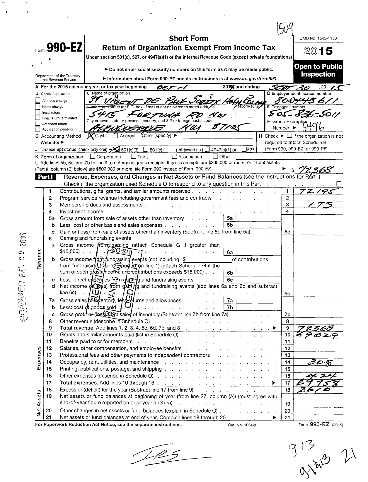 Image of first page of 2014 Form 990EZ for St Vincent de Paul Socity of Holy Rosary