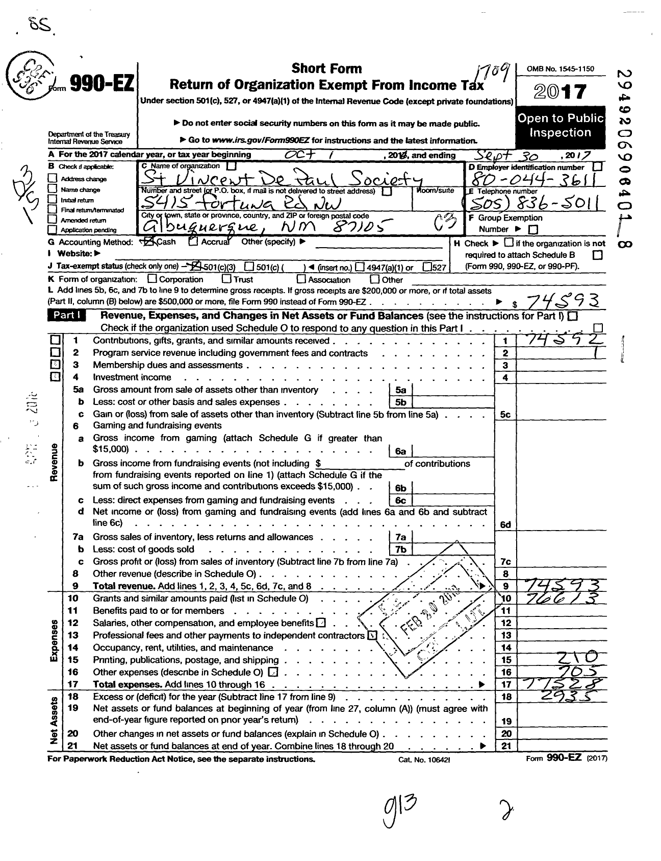 Image of first page of 2016 Form 990EZ for St Vincent de Paul Socity of Holy Rosary