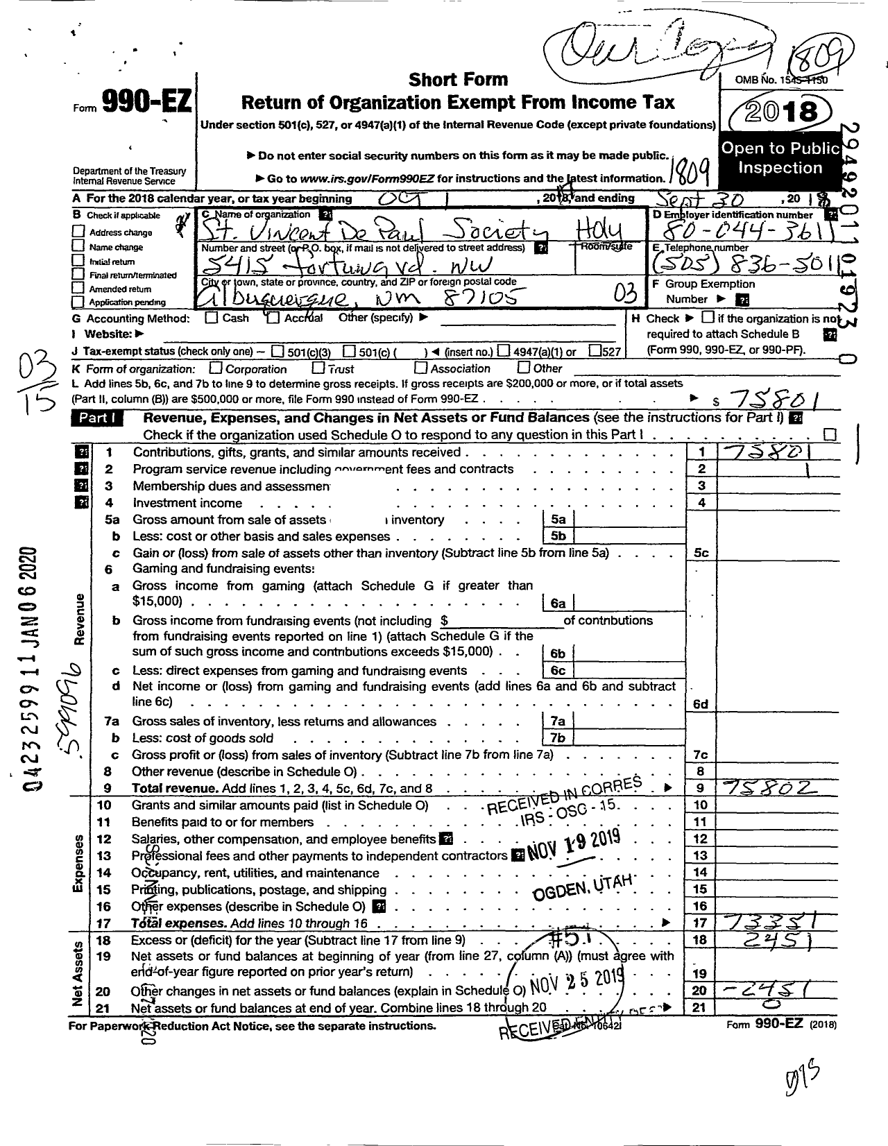 Image of first page of 2017 Form 990EZ for St Vincent de Paul Socity of Holy Rosary