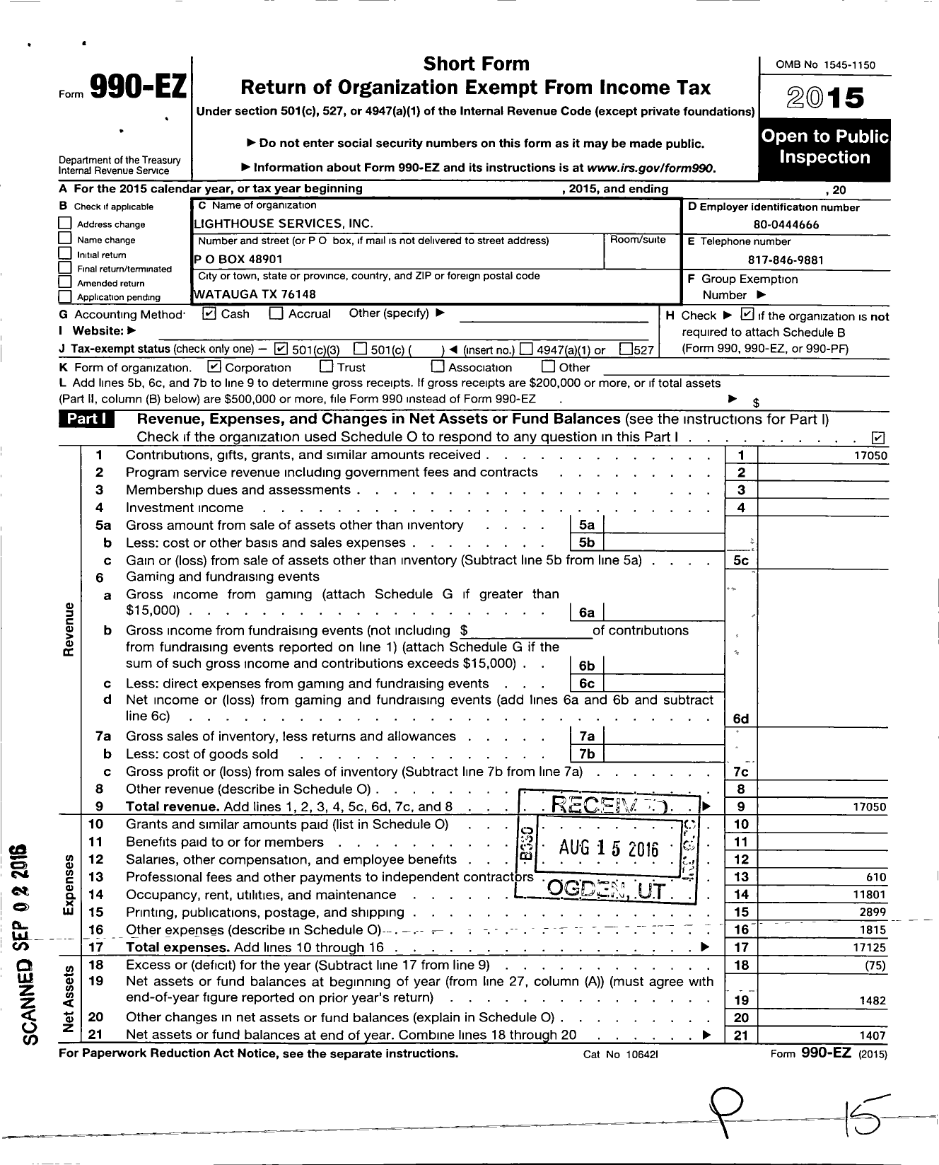 Image of first page of 2015 Form 990EZ for Lighthouse Services