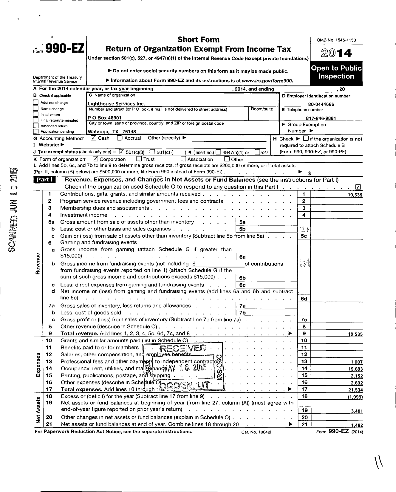 Image of first page of 2014 Form 990EZ for Lighthouse Services