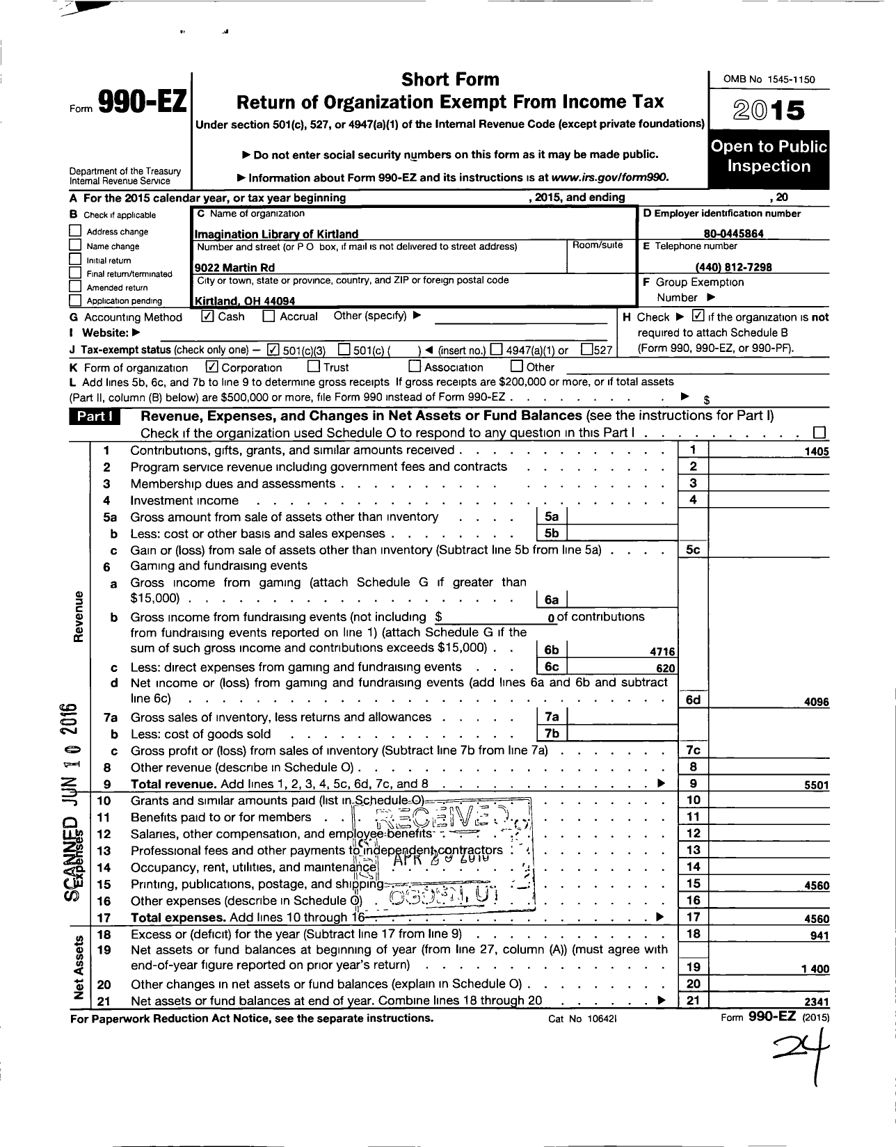 Image of first page of 2015 Form 990EZ for Imagination Library of Kirtland