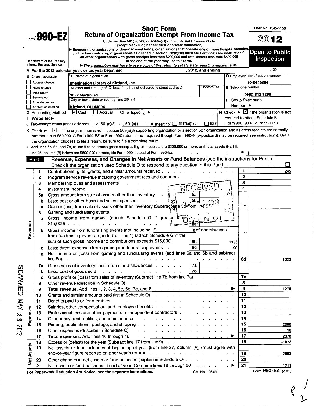 Image of first page of 2012 Form 990EZ for Imagination Library of Kirtland