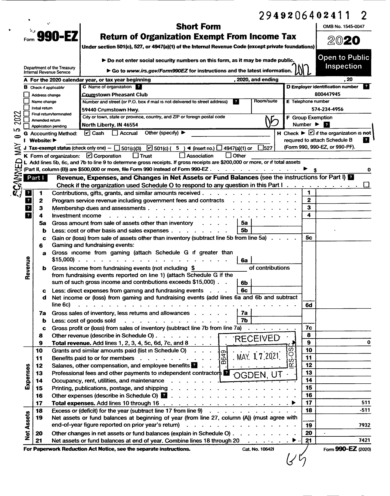 Image of first page of 2020 Form 990EO for Crumstown Pheasant Club