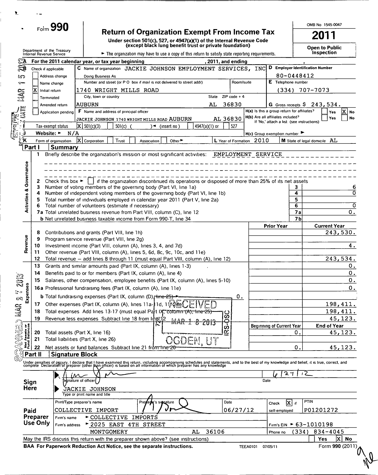 Image of first page of 2011 Form 990 for Jackie Johnsons Employment Services